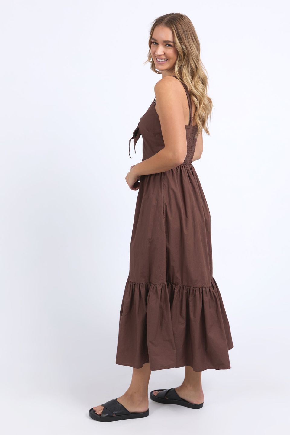 Esmerelda Chocolate Frint Tie Tiered Strappy Maxi Dress