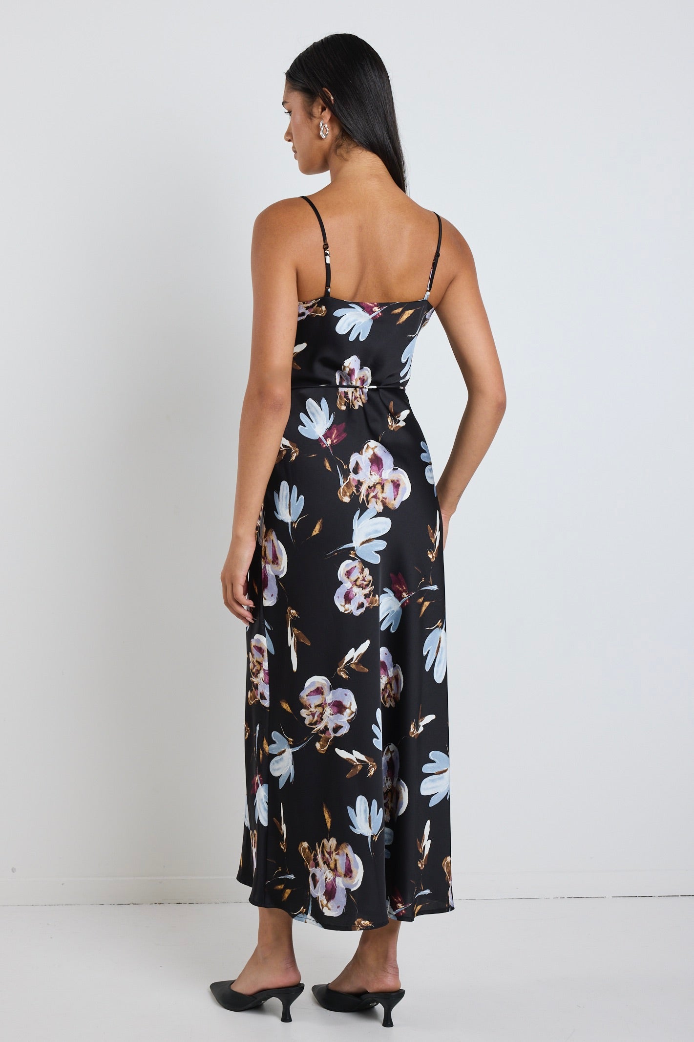 Exhibition Black Smudge Floral Satin Bias Flared Maxi Dress