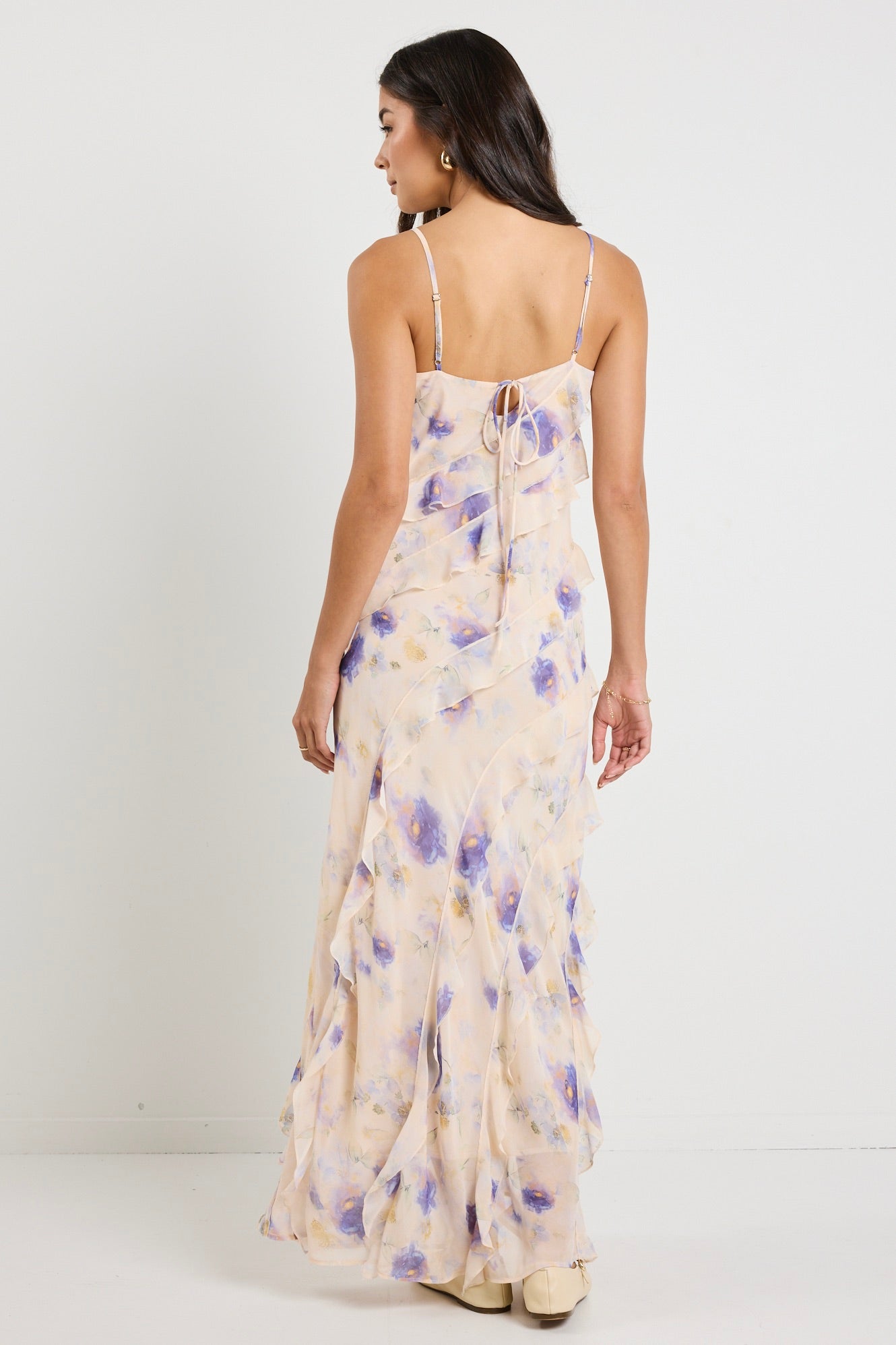 Galore Peach Blue Floral Bias Ruffle Slip Maxi Dress