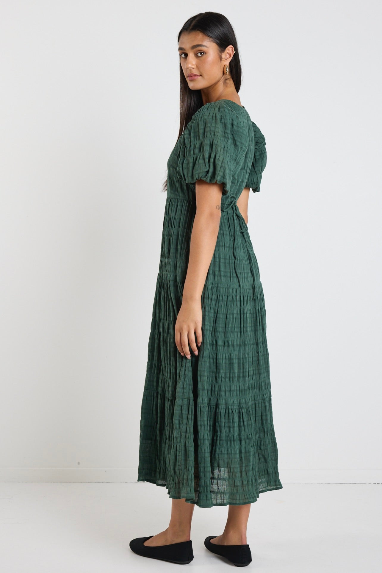 Graceful Forest Bubble Short Sleeve Tiered Maxi Dress