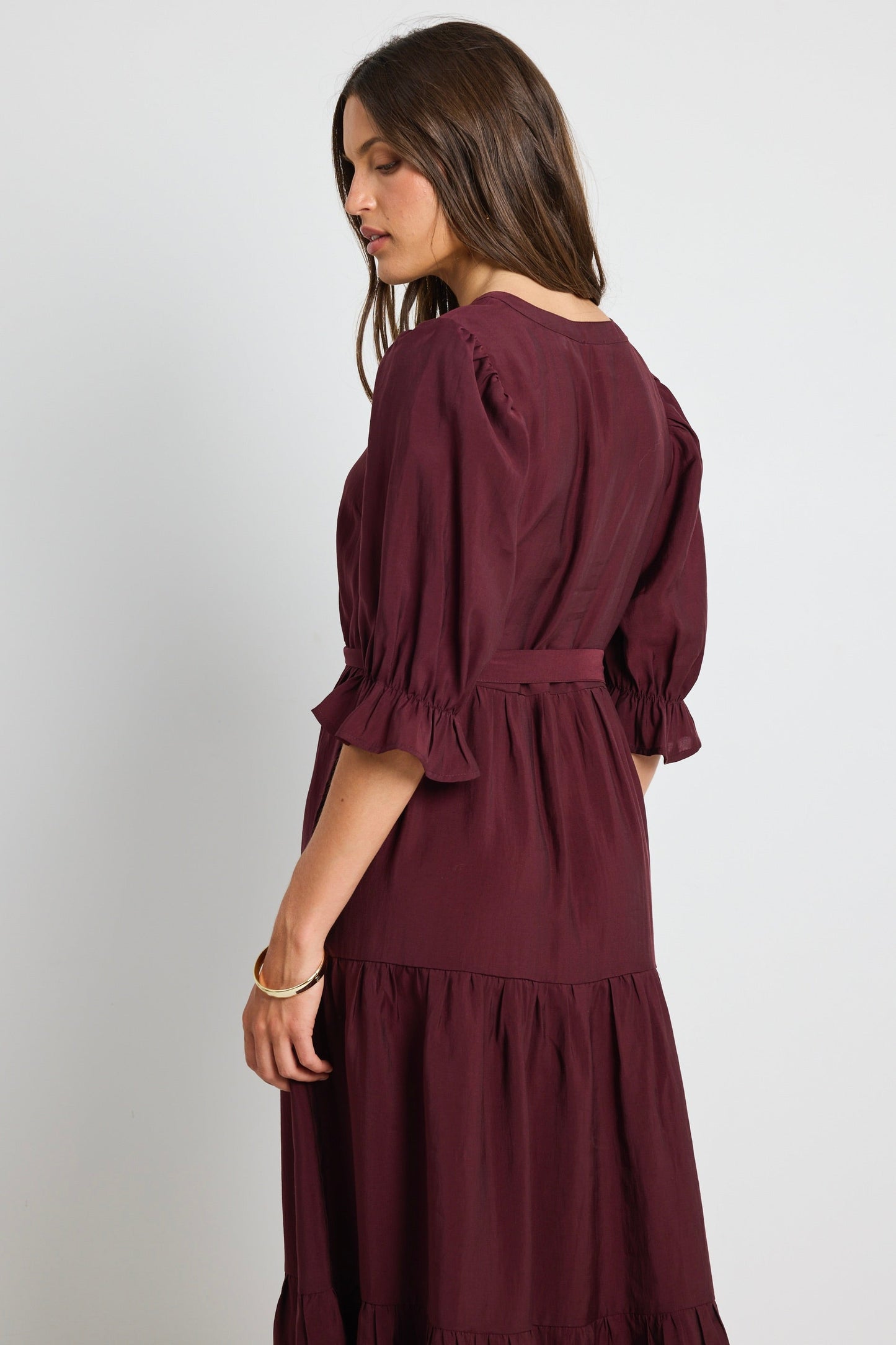 Irresistible Burgundy Plum SS Button Front Tiered Maxi Dress