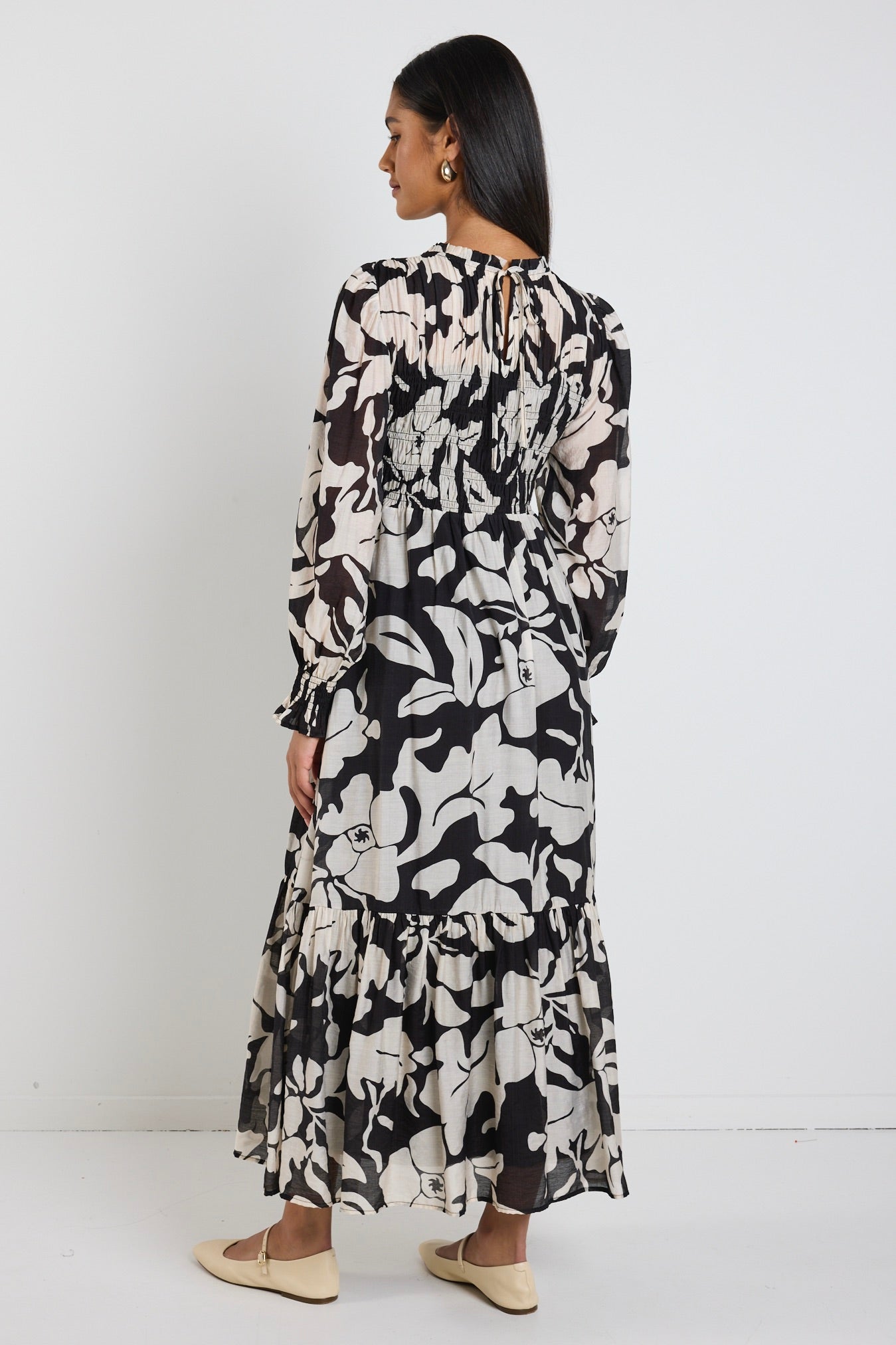 Limitless Black Floral LS Shirred Maxi Dress