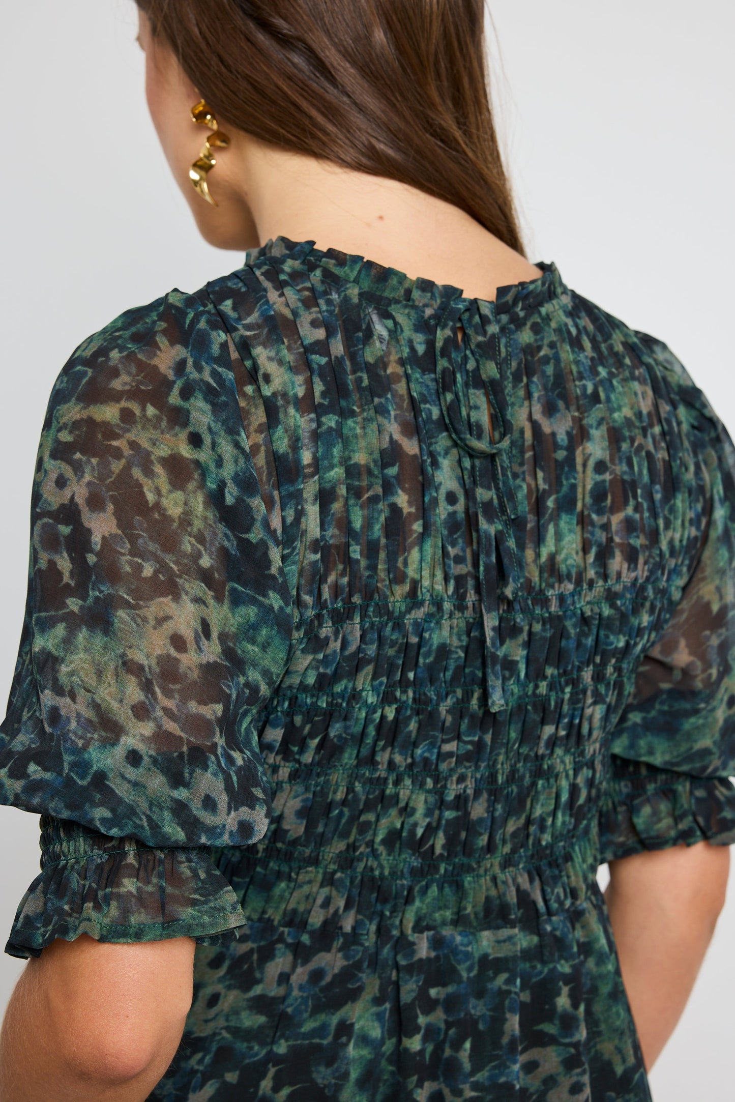 Showcase Khaki Ditsy Print Georgette Puff Sleeve Tiered Maxi Dress