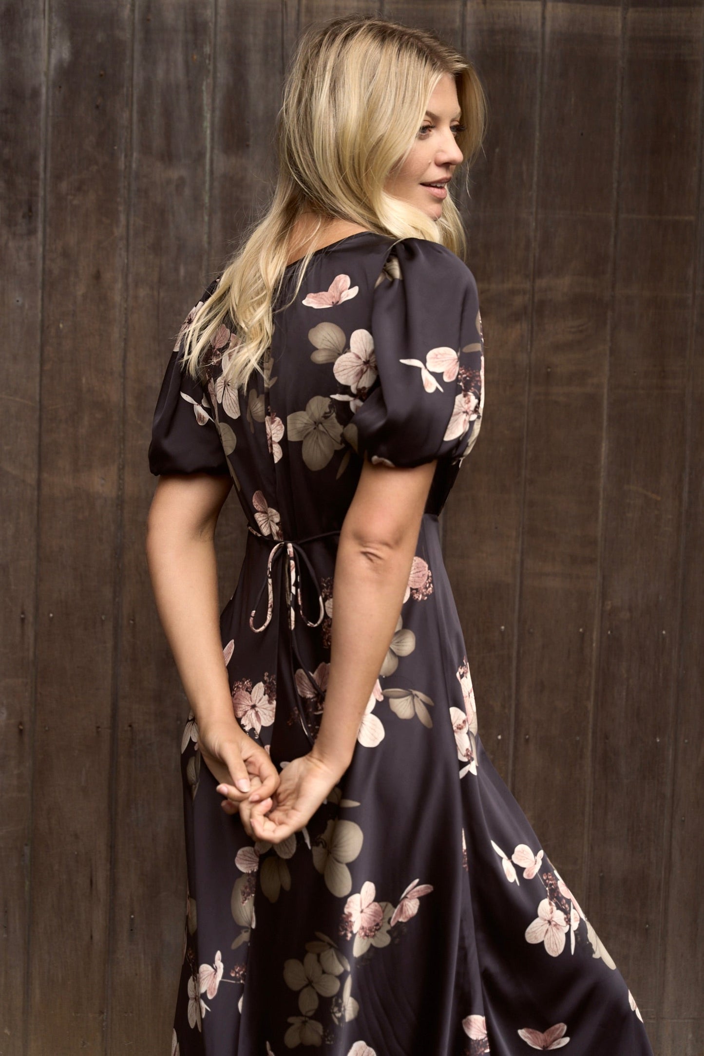 Stage Black Floral Satin Puff Sleeve Floaty Maxi Dress