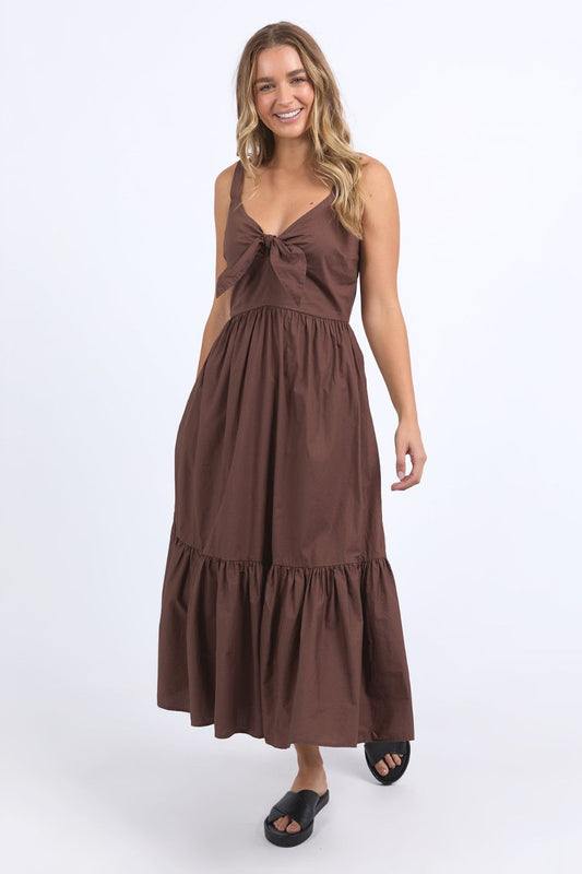 Esmerelda Chocolate Frint Tie Tiered Strappy Maxi Dress