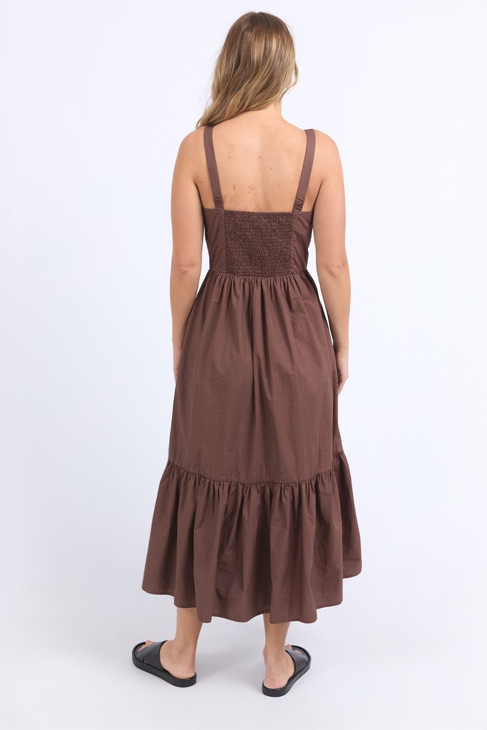 Esmerelda Chocolate Frint Tie Tiered Strappy Maxi Dress