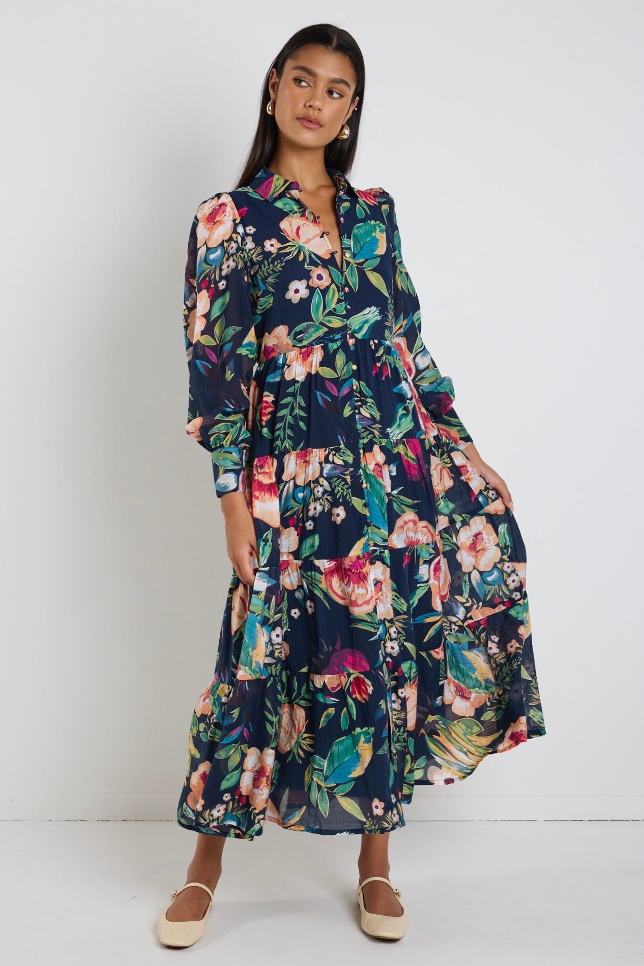 Adair Navy Vibrant Floral Long Sleeve Tiered Shirt Style Maxi Dress