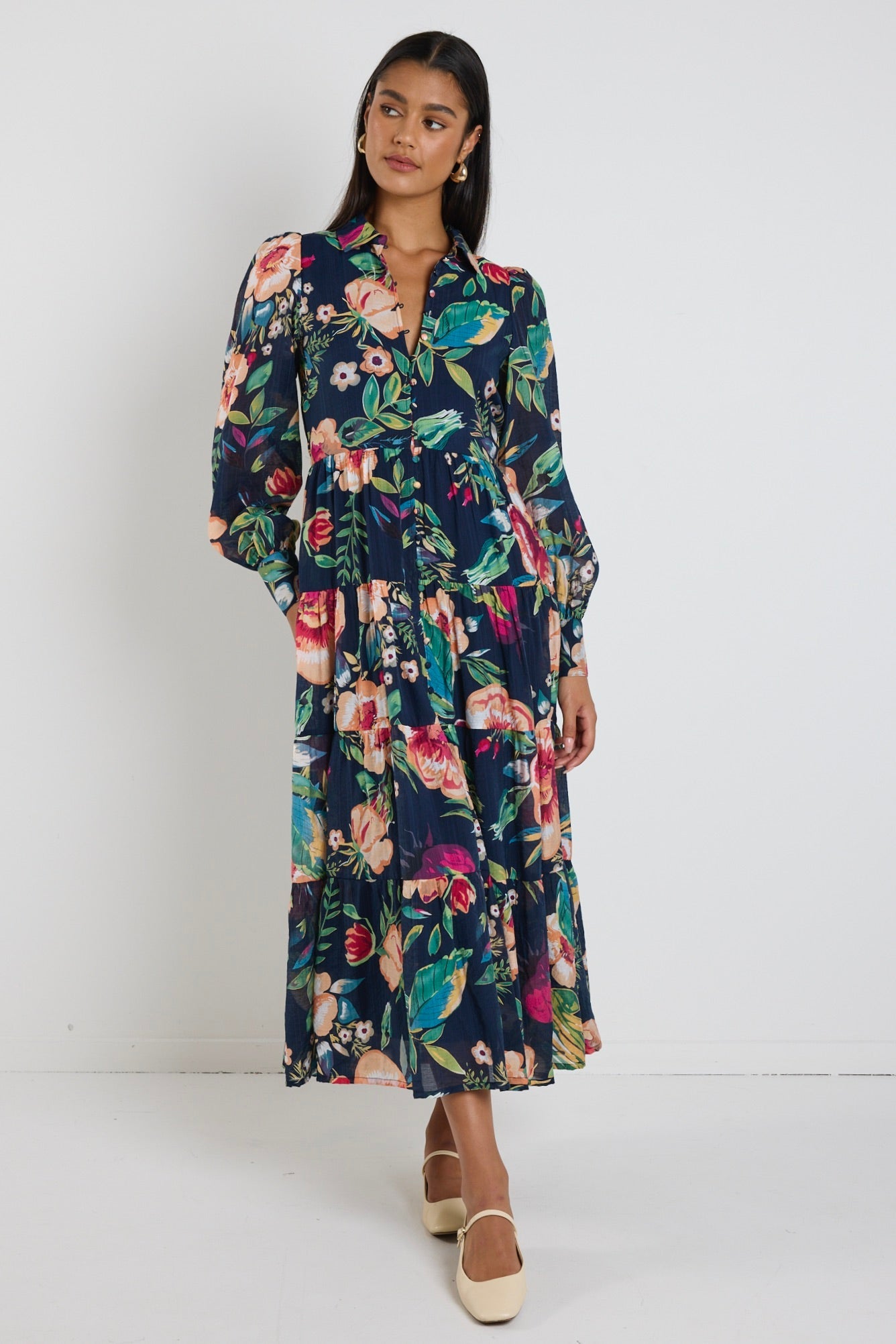 Adair Navy Vibrant Floral Long Sleeve Tiered Shirt Style Maxi Dress