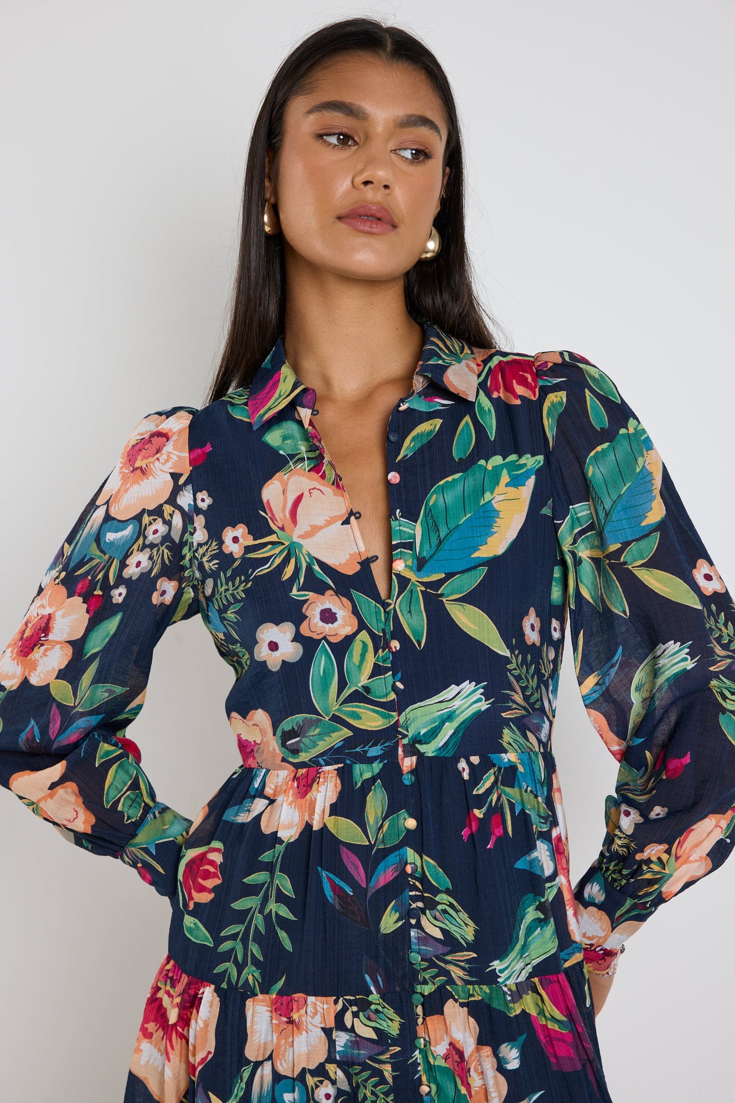 Adair Navy Vibrant Floral Long Sleeve Tiered Shirt Style Maxi Dress