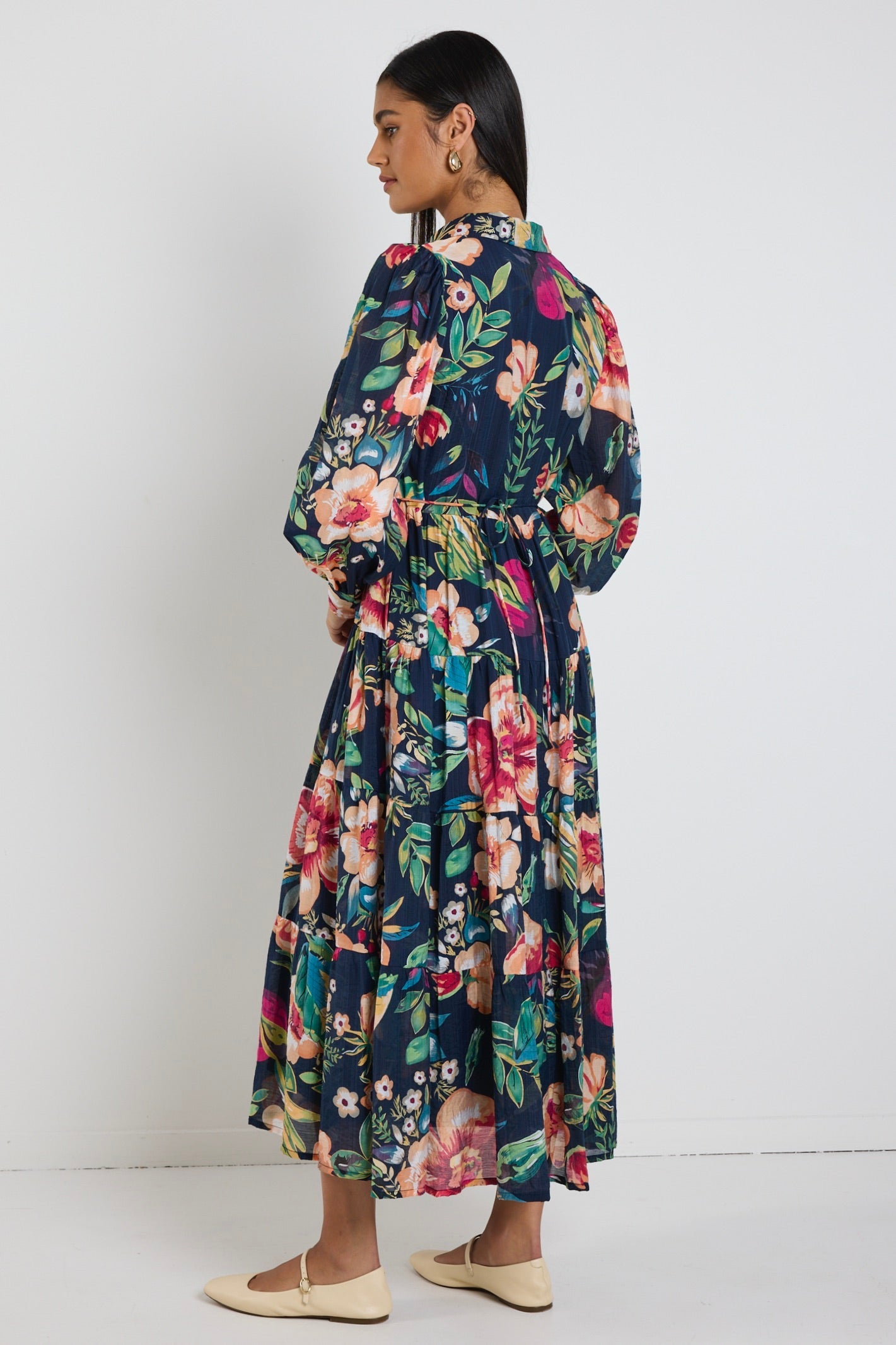 Adair Navy Vibrant Floral Long Sleeve Tiered Shirt Style Maxi Dress