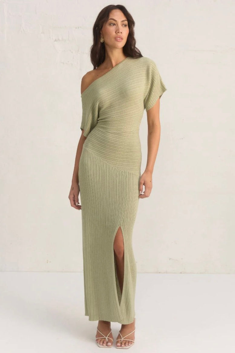 Celeste Sage Off Shoulder SS Knit Maxi Dress