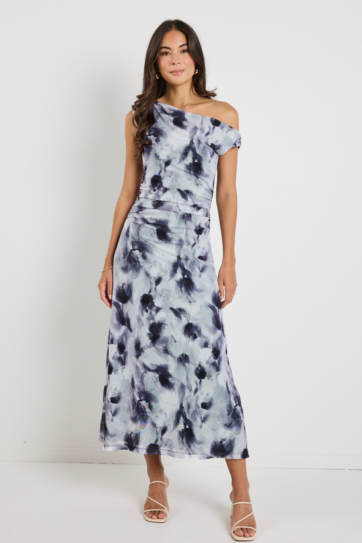 Chemistry Charcoal Smudge Mesh Off Shoulder Maxi Dress