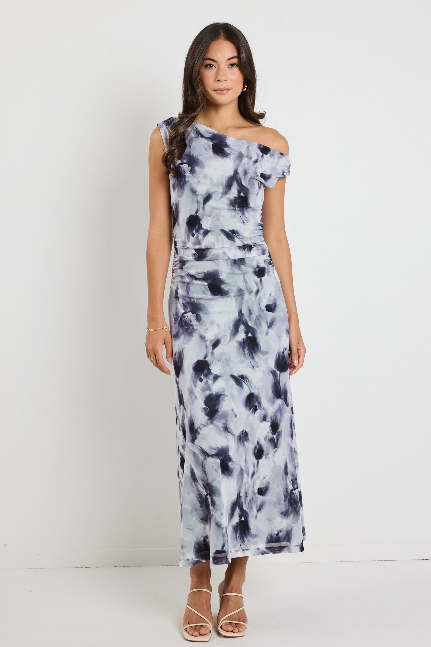 Chemistry Charcoal Smudge Mesh Off Shoulder Maxi Dress