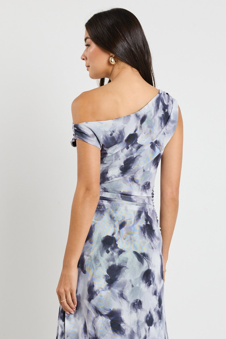 Chemistry Charcoal Smudge Mesh Off Shoulder Maxi Dress