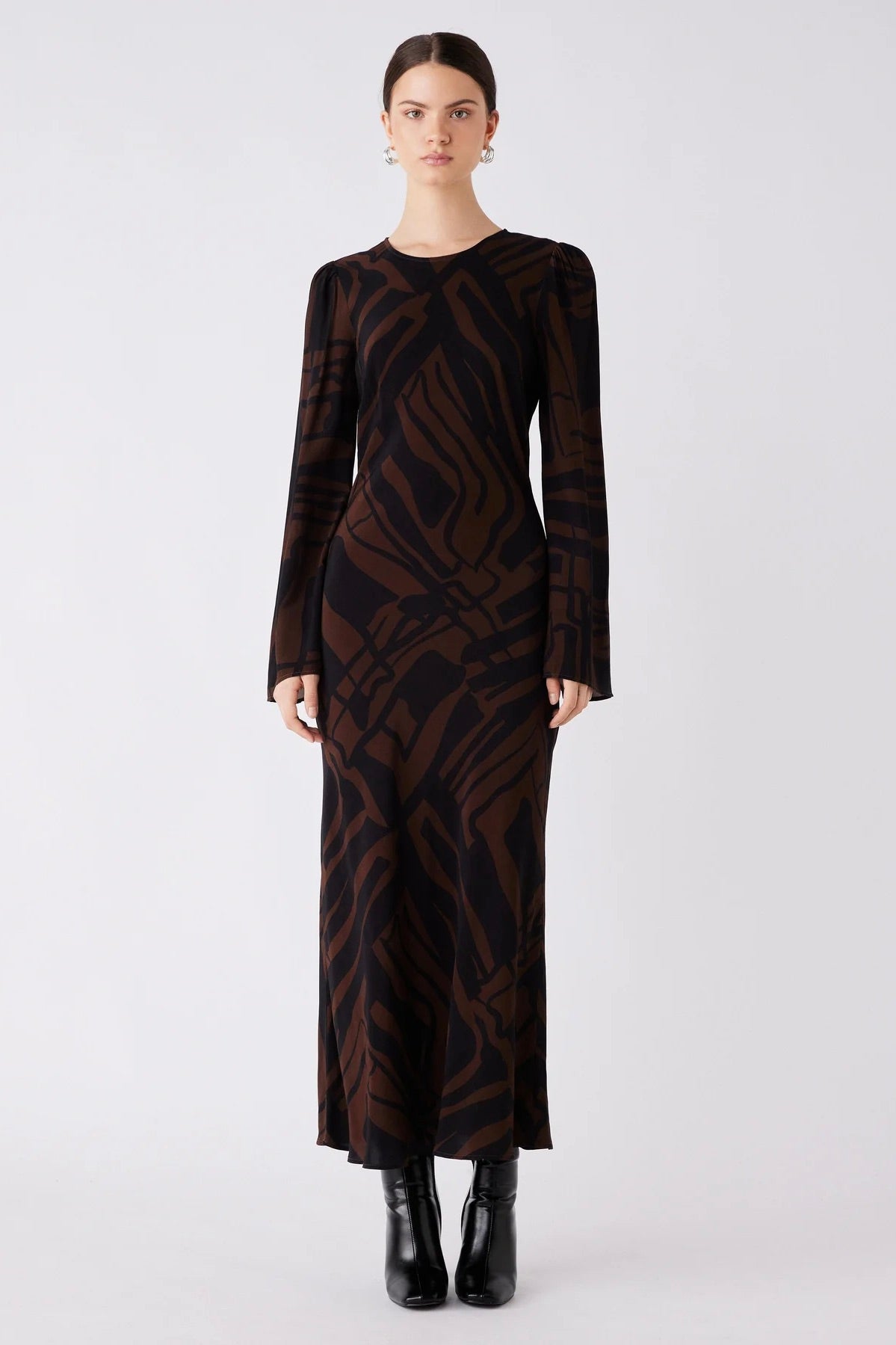 District Chocolate Print LS Maxi Dress