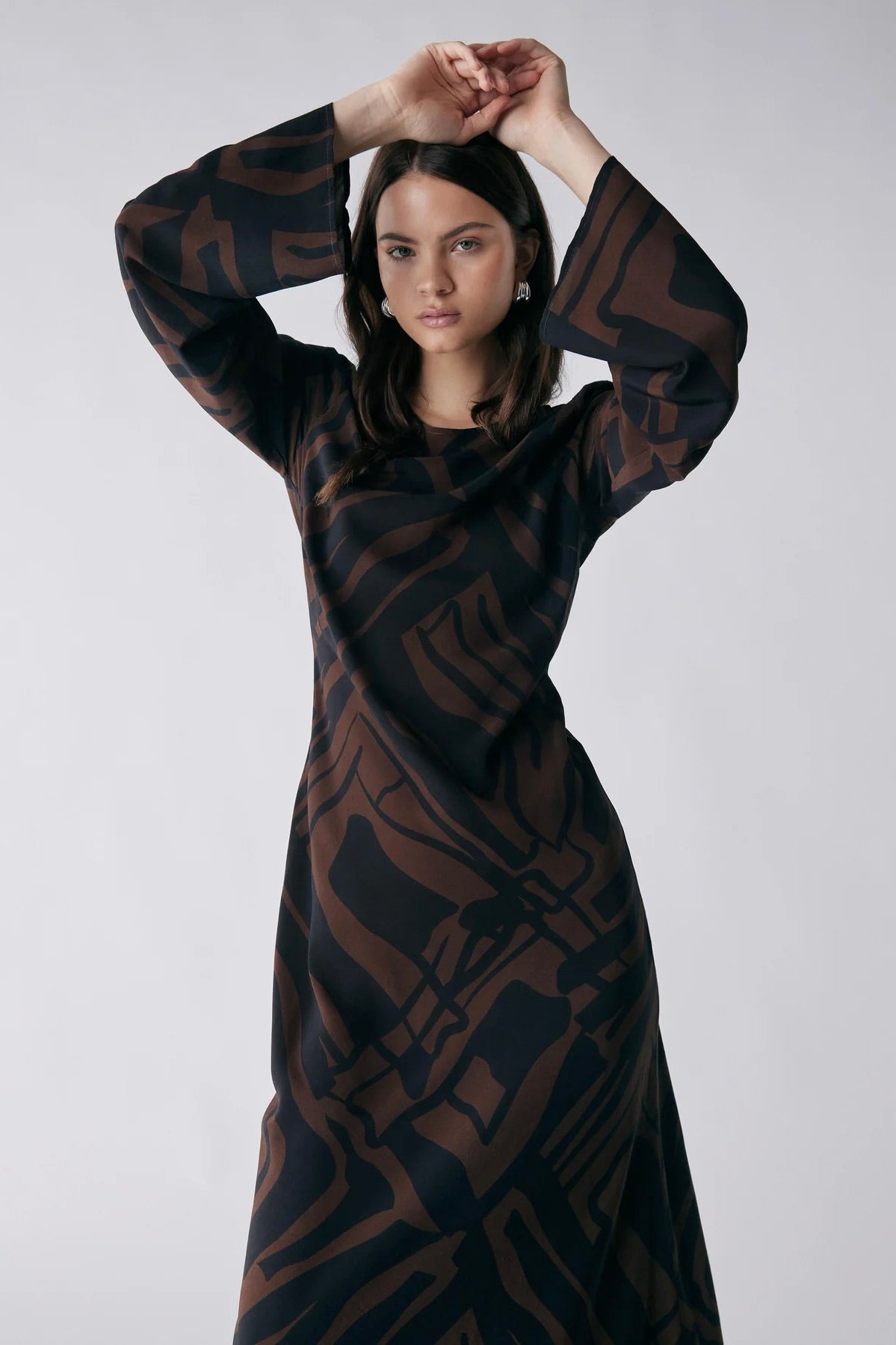 District Chocolate Print LS Maxi Dress