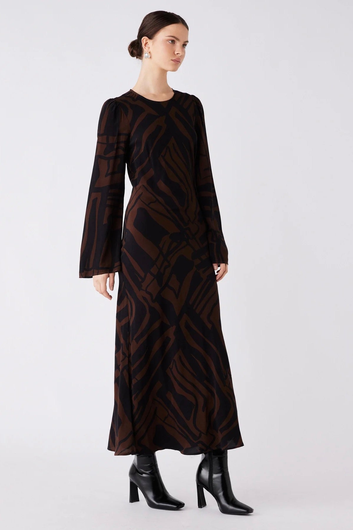 District Chocolate Print LS Maxi Dress