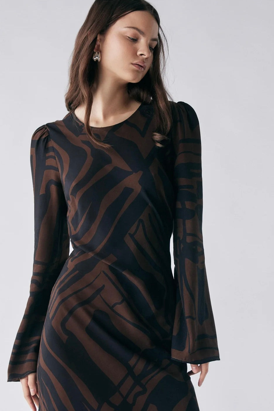 District Chocolate Print LS Maxi Dress