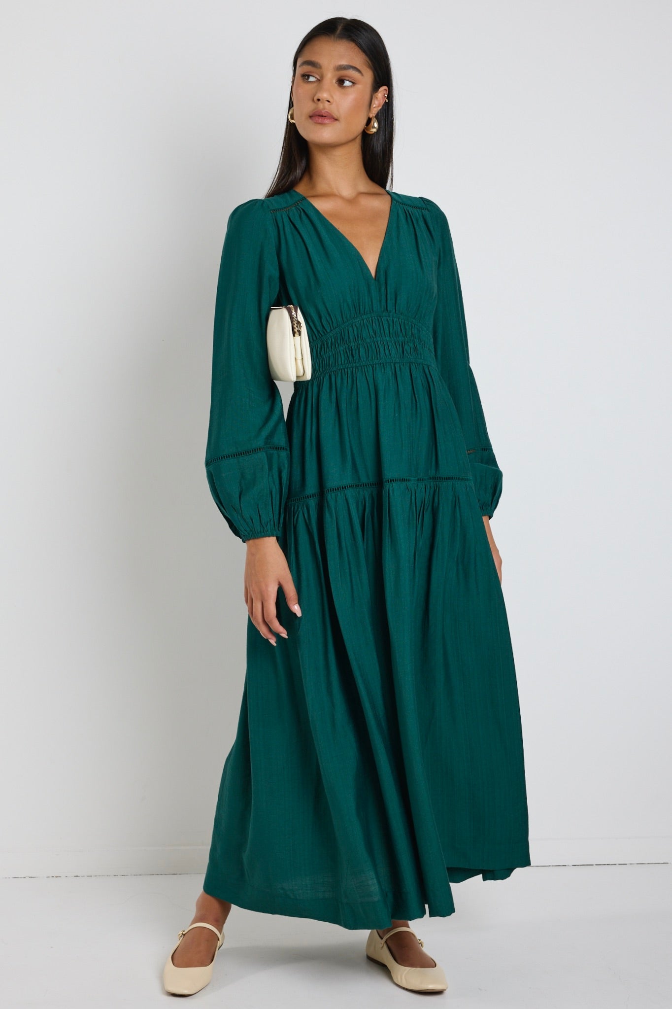Divine Forest Balloon Sleeve Tiered Maxi Dress