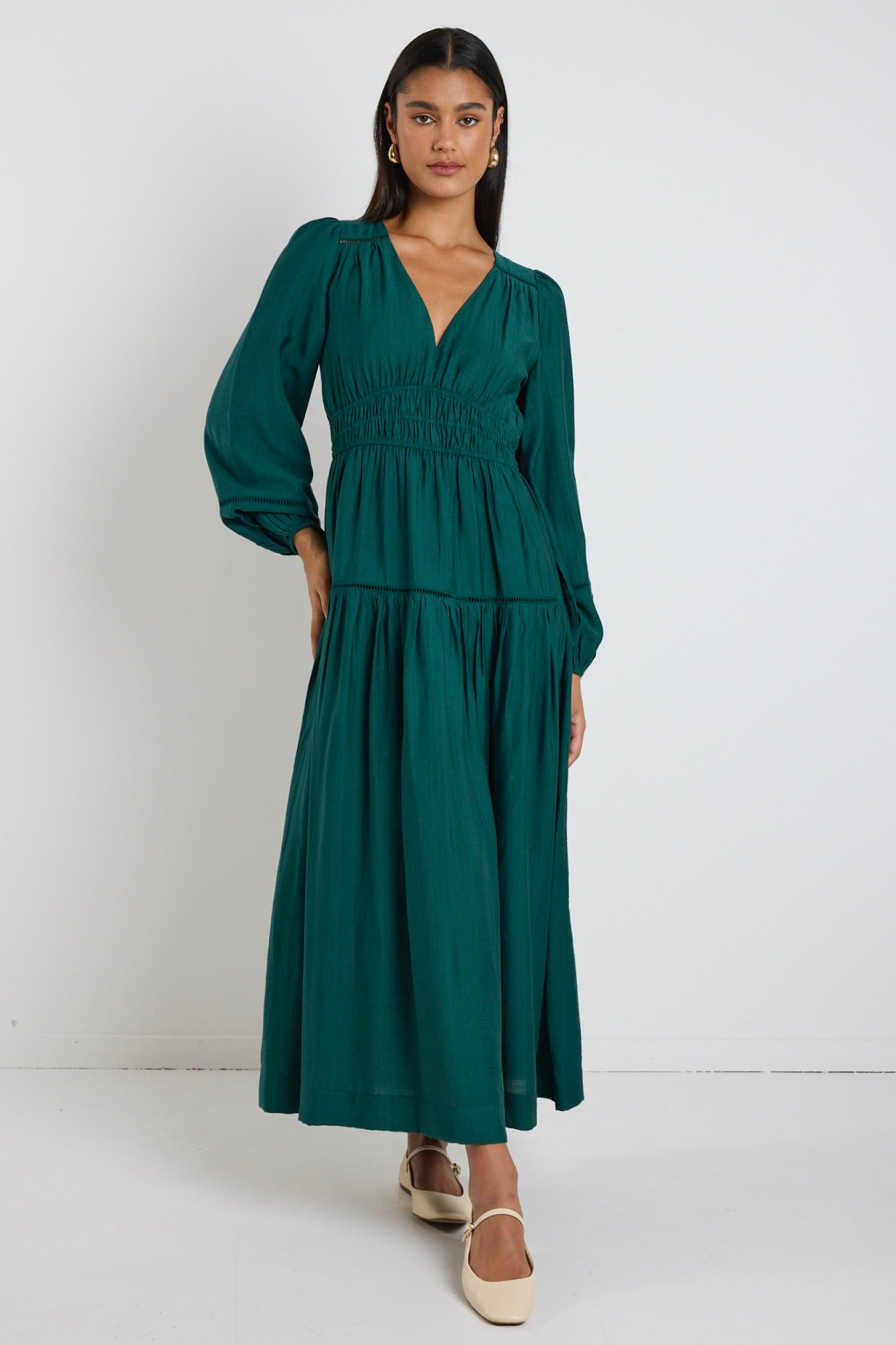Divine Forest Balloon Sleeve Tiered Maxi Dress