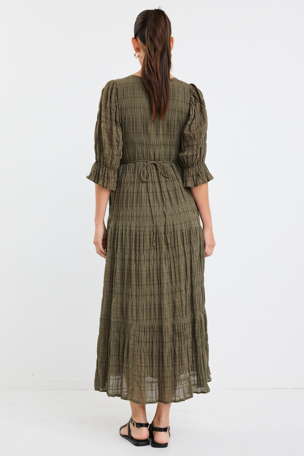 Dreamy Khaki Bubble SS Button Front Tiered Maxi Dress
