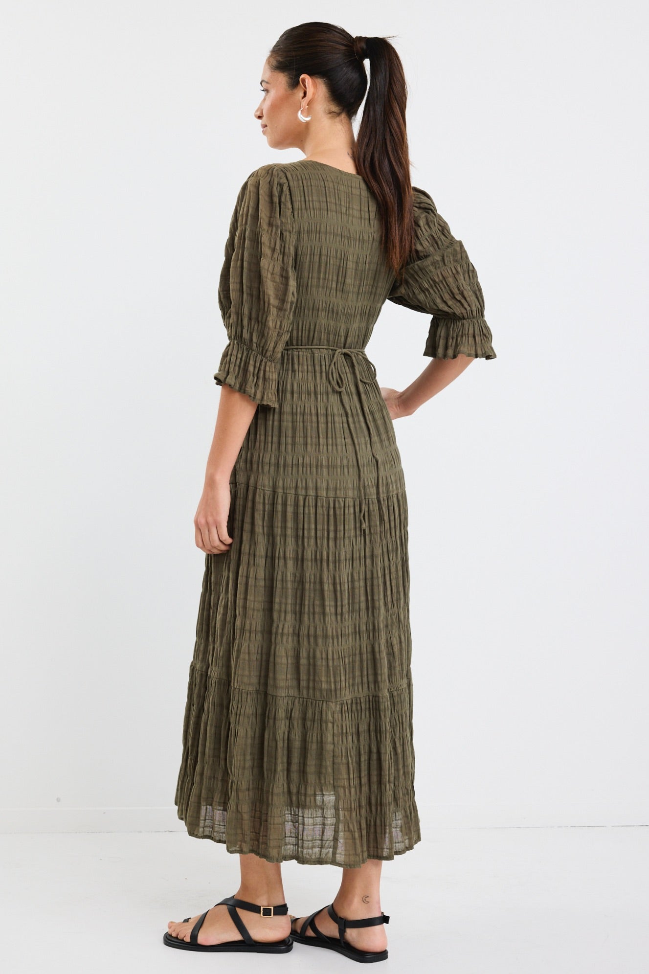 Dreamy Khaki Bubble SS Button Front Tiered Maxi Dress
