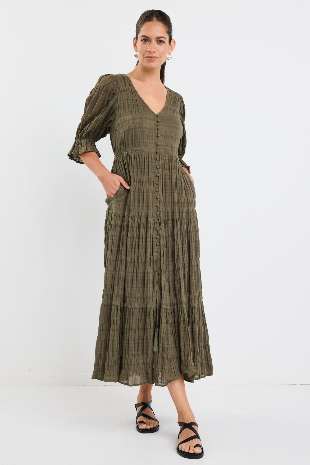 Dreamy Khaki Bubble SS Button Front Tiered Maxi Dress