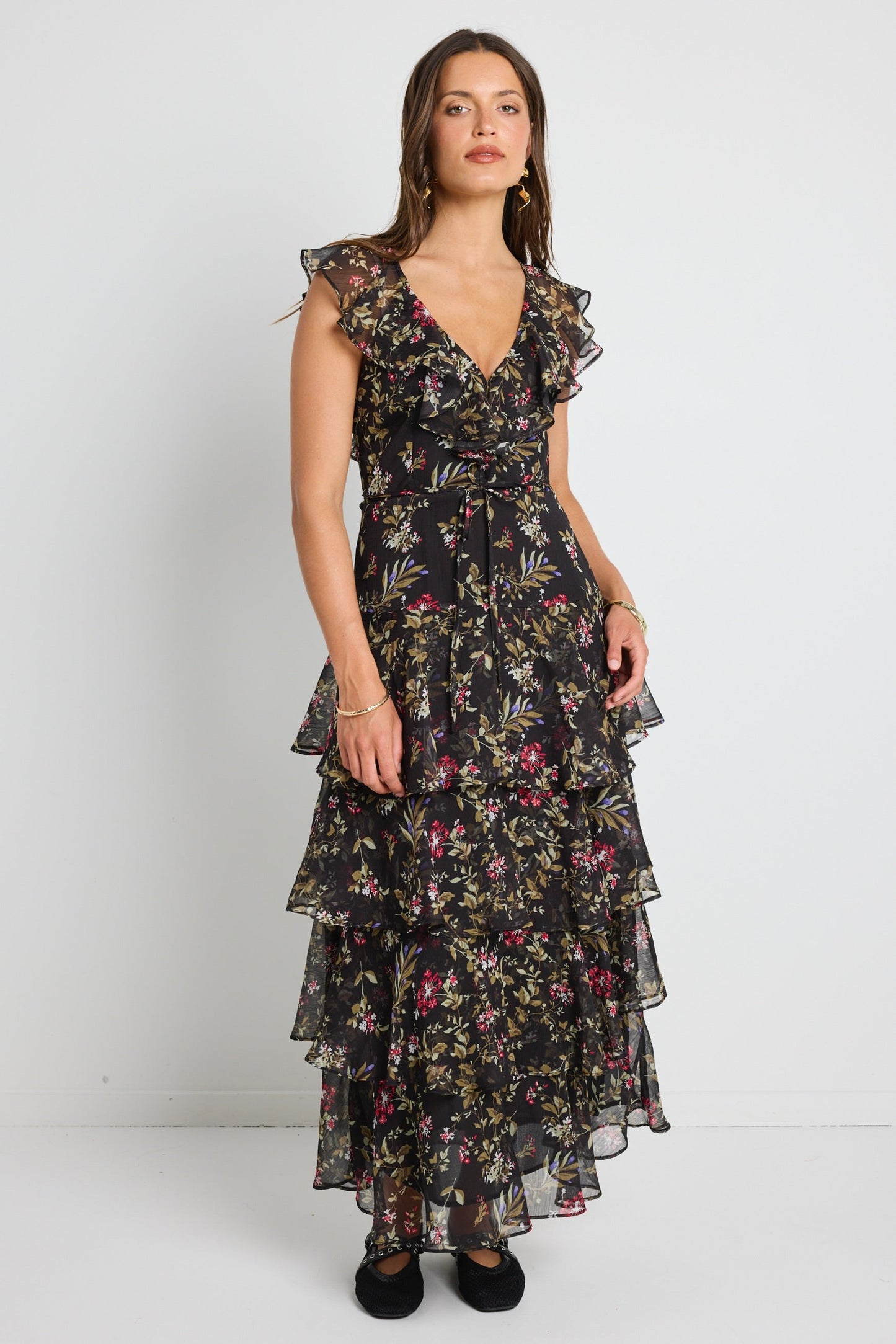 Everly Black Posy Floral Flutter Sleeve Tiered Maxi Dress