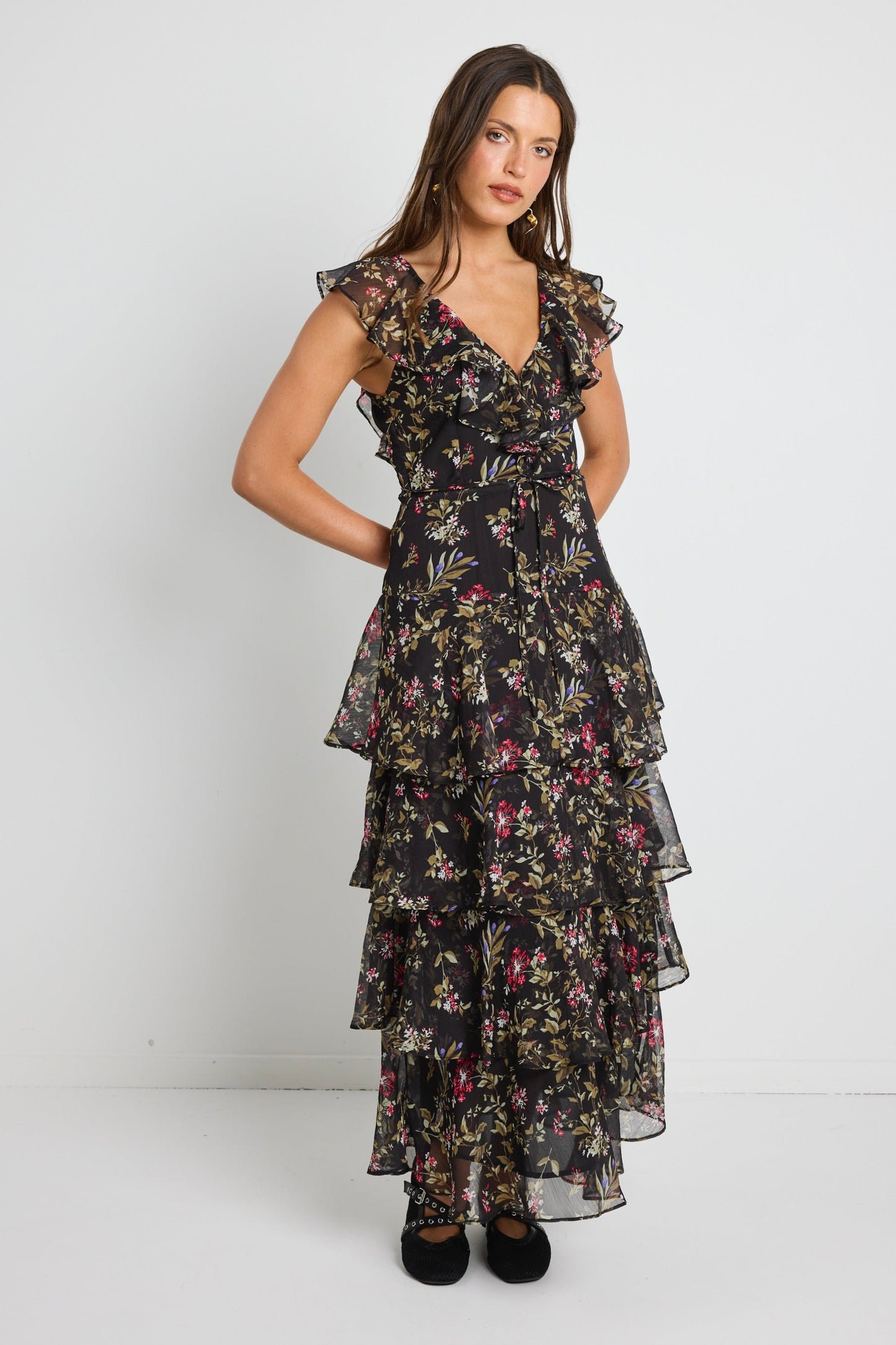 Everly Black Posy Floral Flutter Sleeve Tiered Maxi Dress