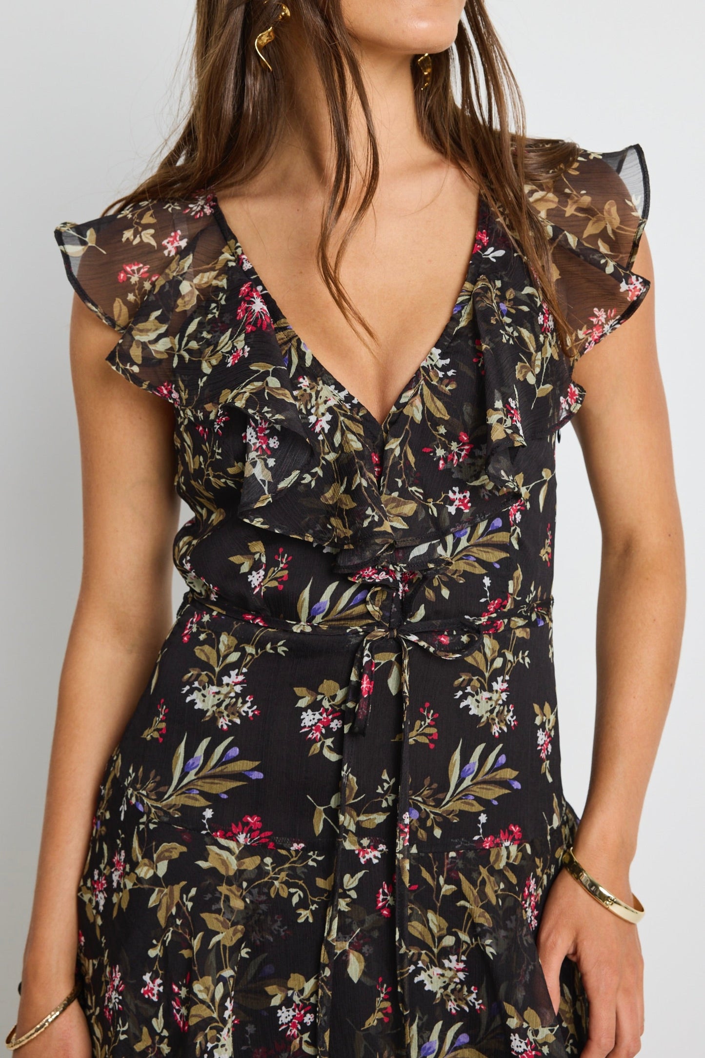 Everly Black Posy Floral Flutter Sleeve Tiered Maxi Dress