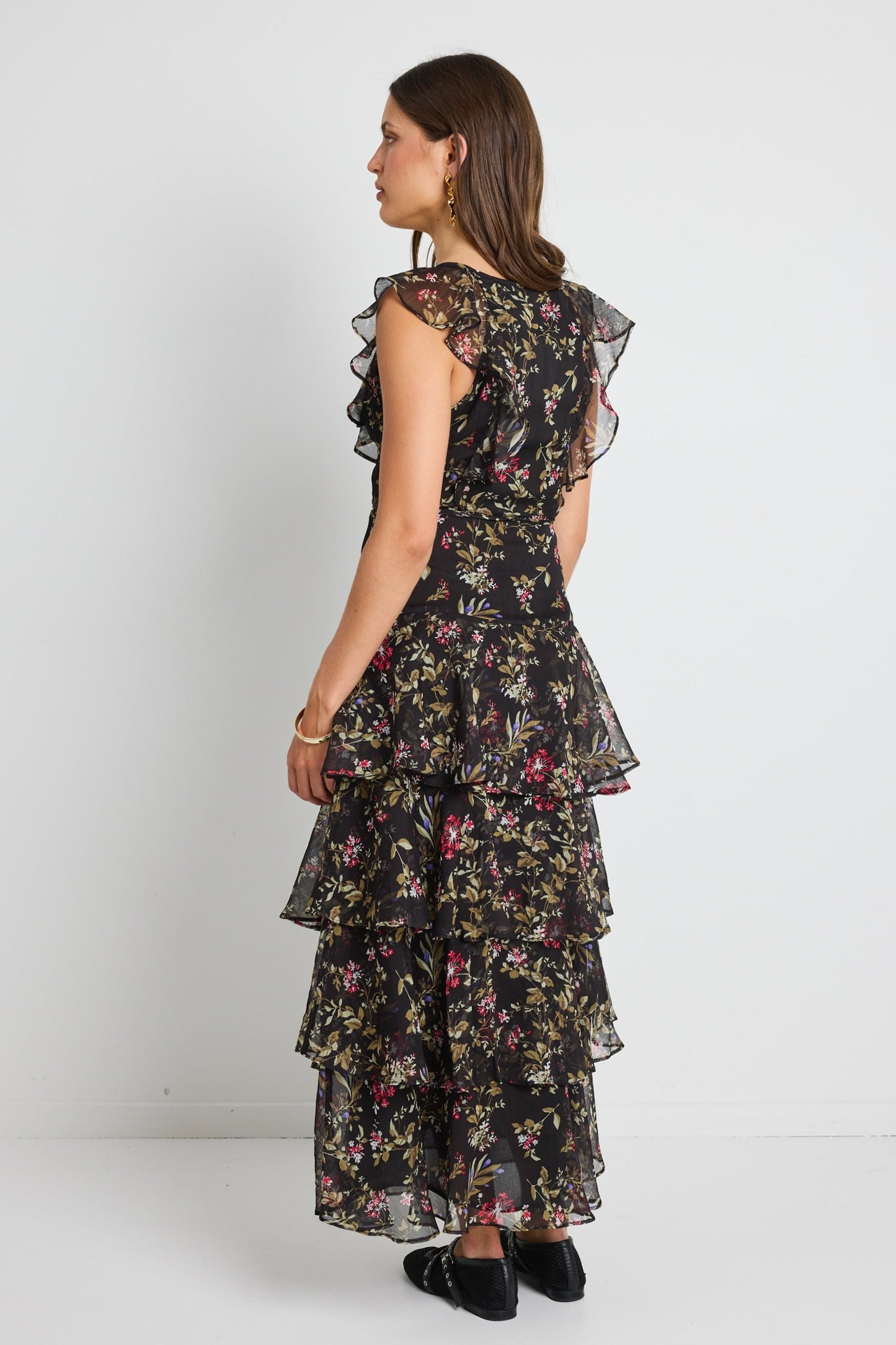 Everly Black Posy Floral Flutter Sleeve Tiered Maxi Dress