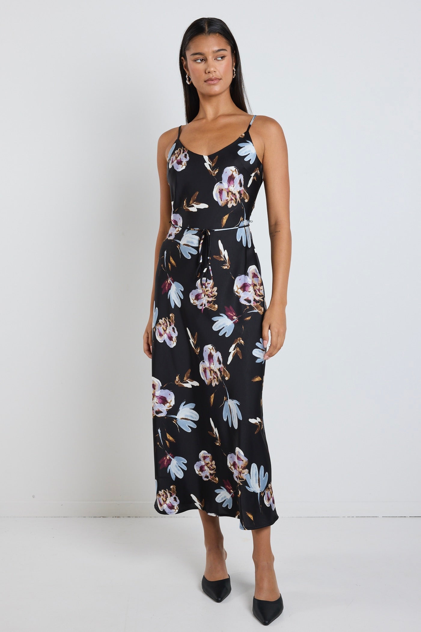 Exhibition Black Smudge Floral Satin Bias Flared Maxi Dress