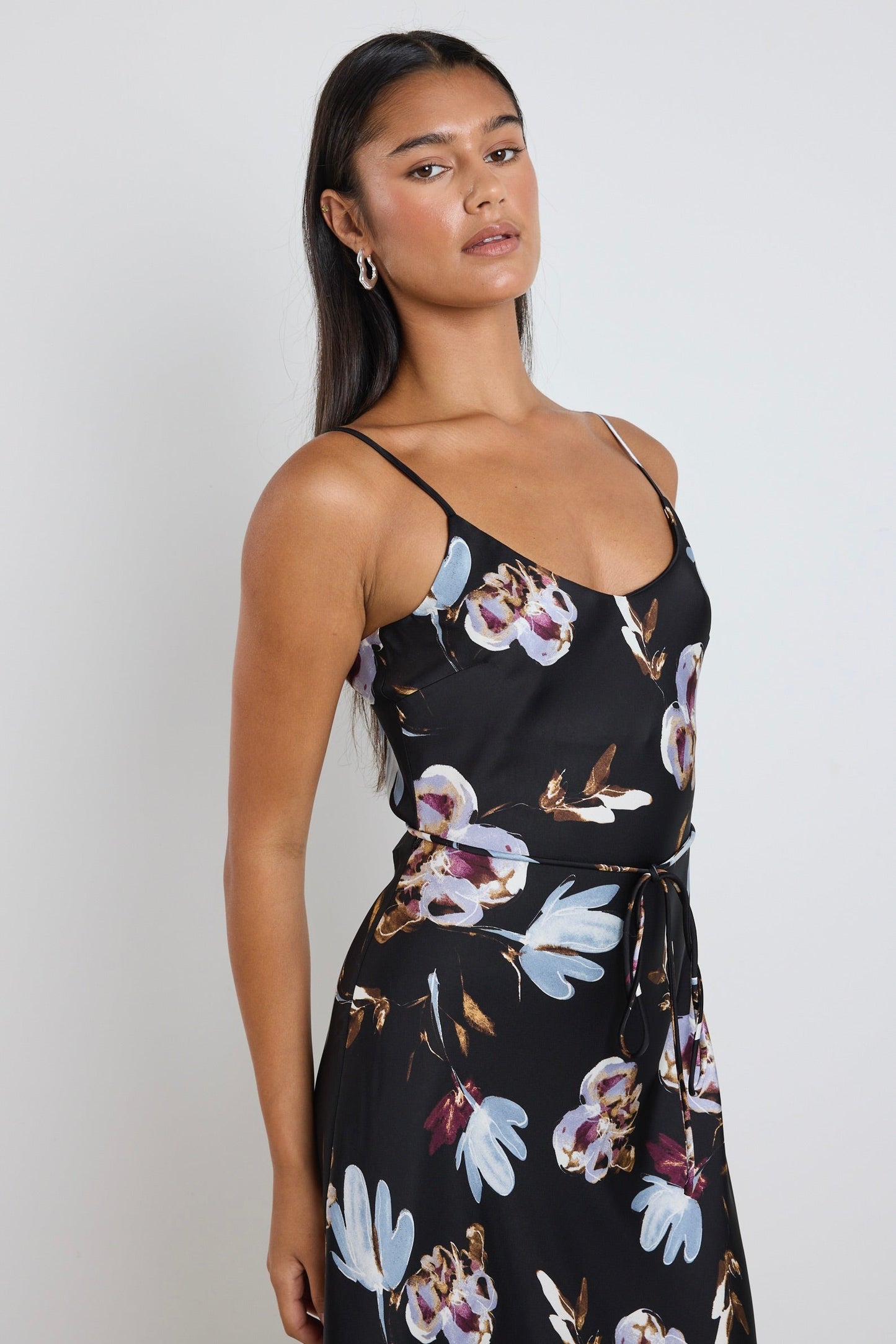 Exhibition Black Smudge Floral Satin Bias Flared Maxi Dress