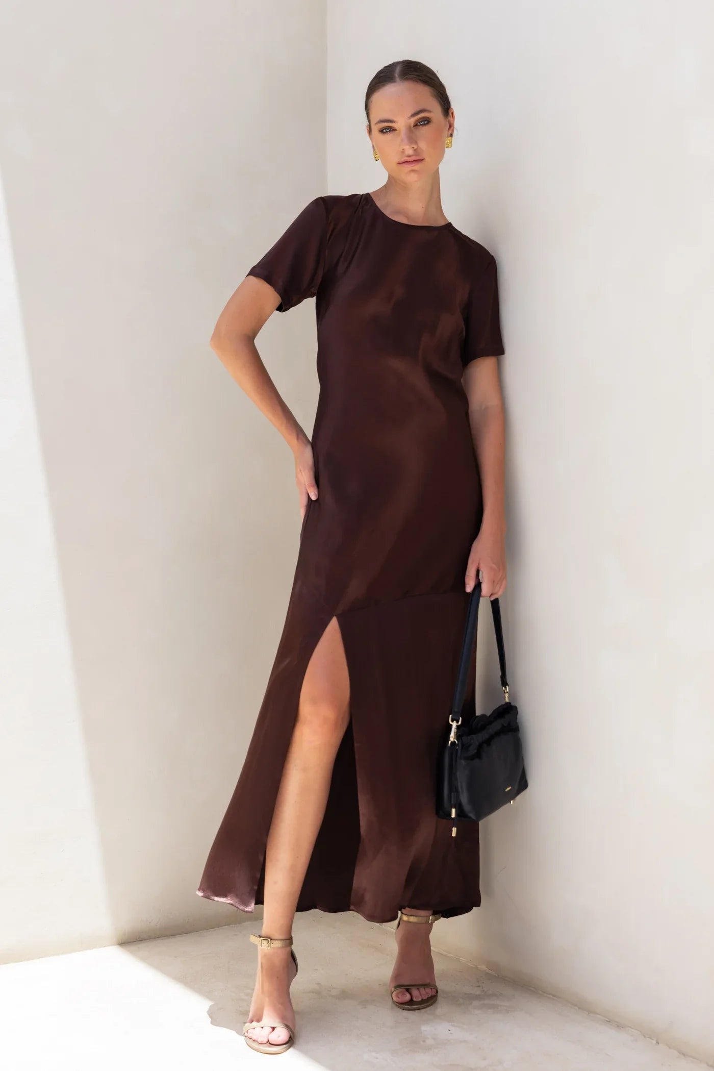 Falling In Love Chocolate SS Satin Maxi Dress