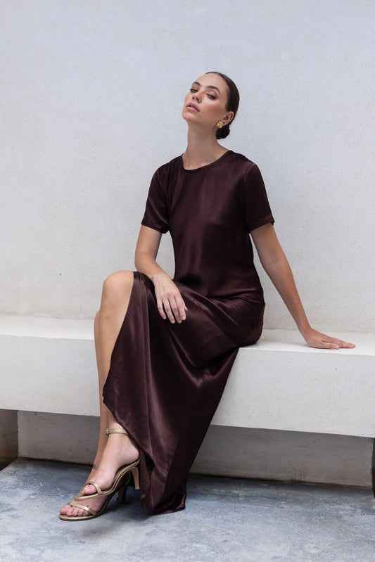 Falling In Love Chocolate SS Satin Maxi Dress