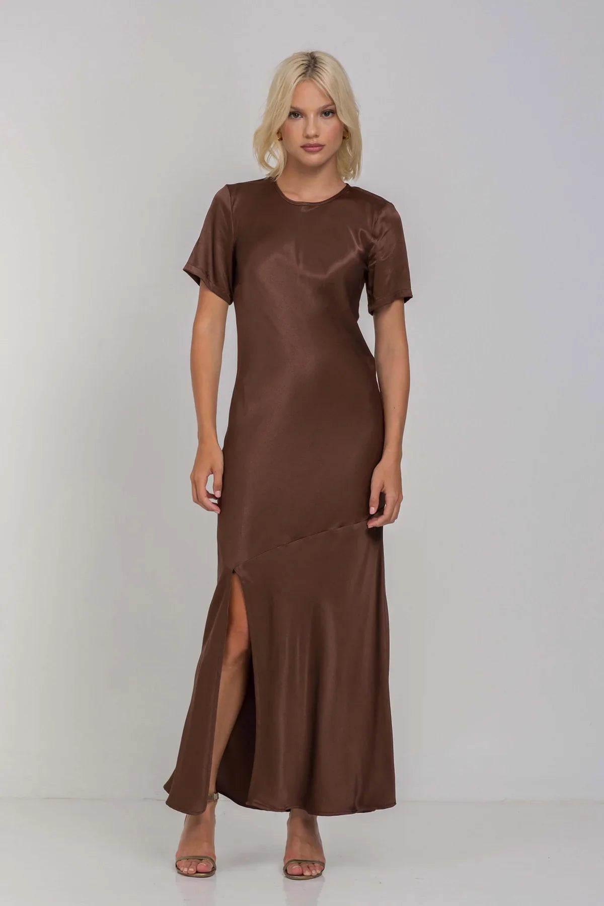 Falling In Love Chocolate SS Satin Maxi Dress