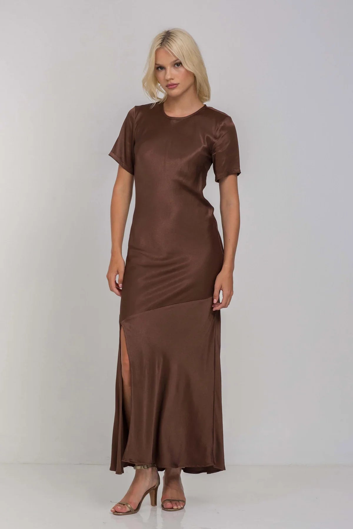 Falling In Love Chocolate SS Satin Maxi Dress