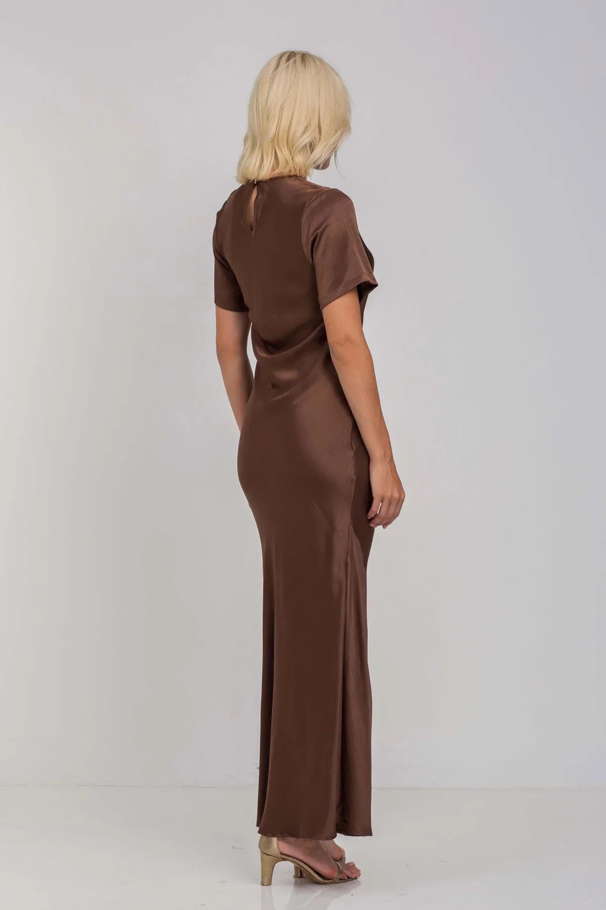 Falling In Love Chocolate SS Satin Maxi Dress