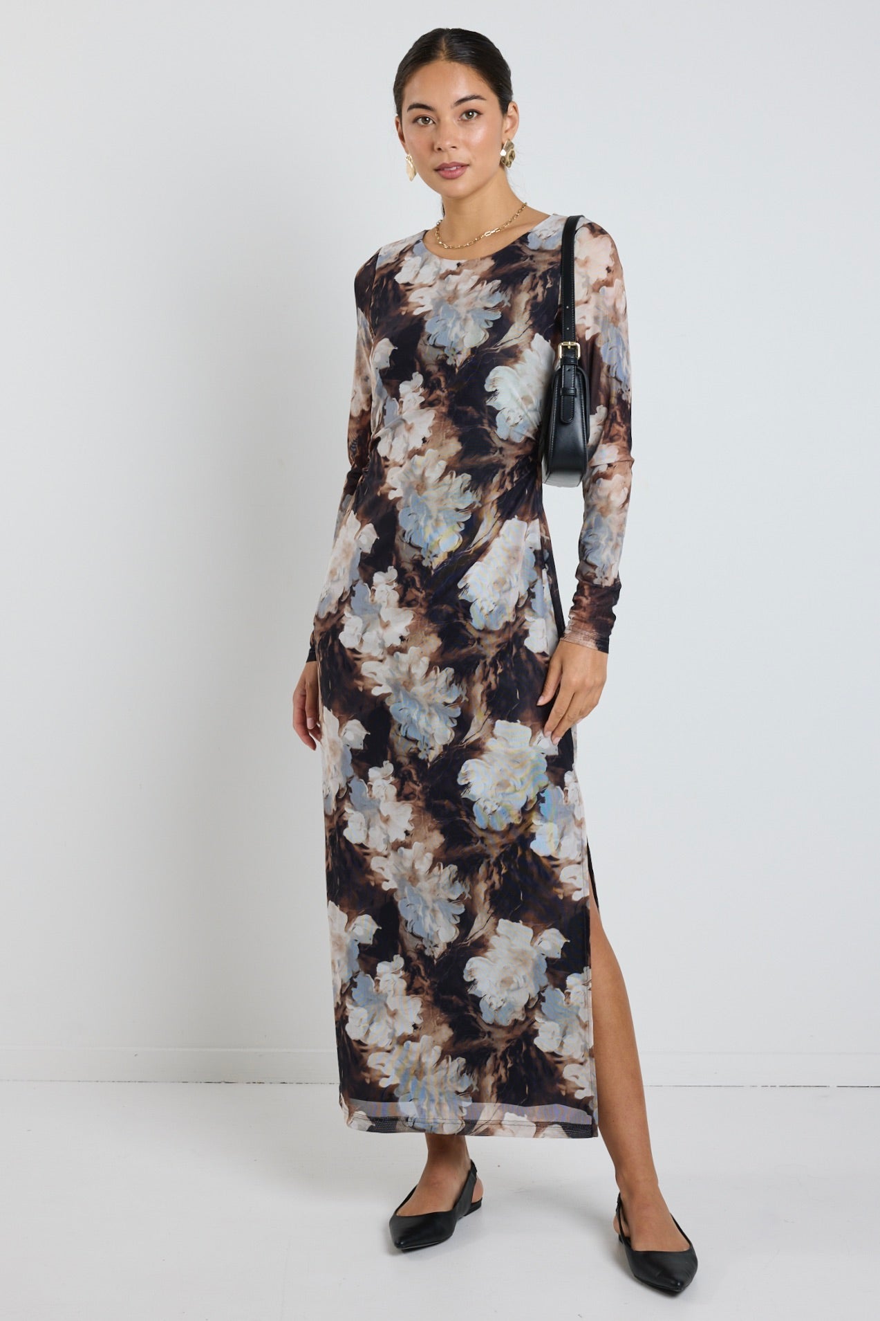 Gallery Sepia Floral Mesh LS Maxi Dress