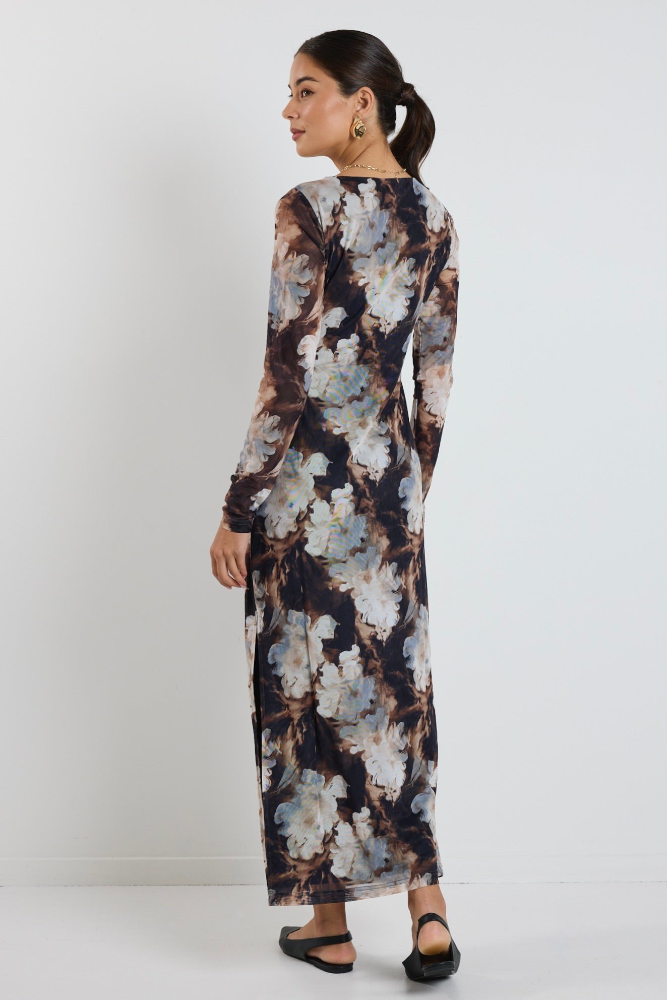 Gallery Sepia Floral Mesh LS Maxi Dress