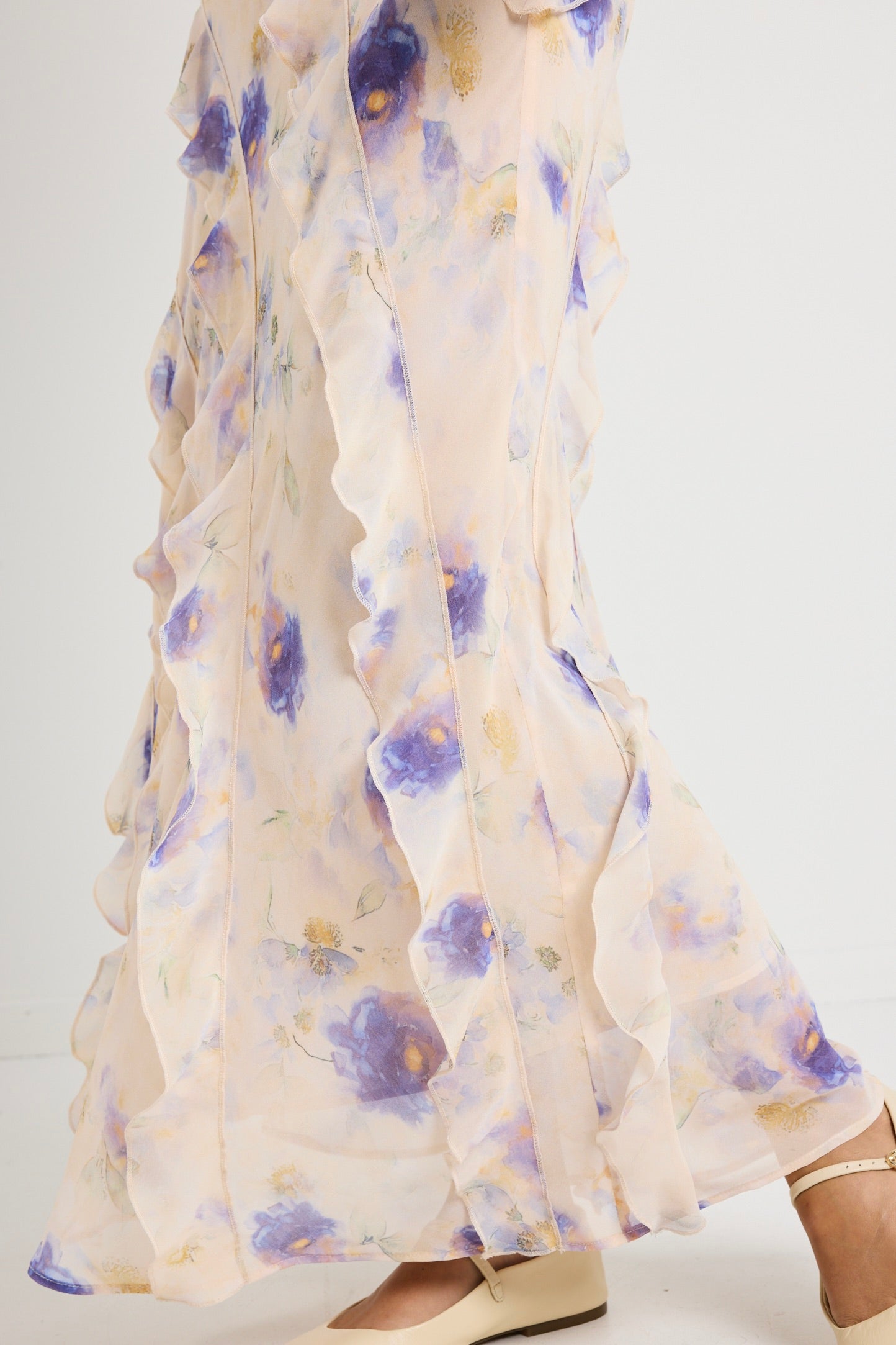 Galore Peach Blue Floral Bias Ruffle Slip Maxi Dress