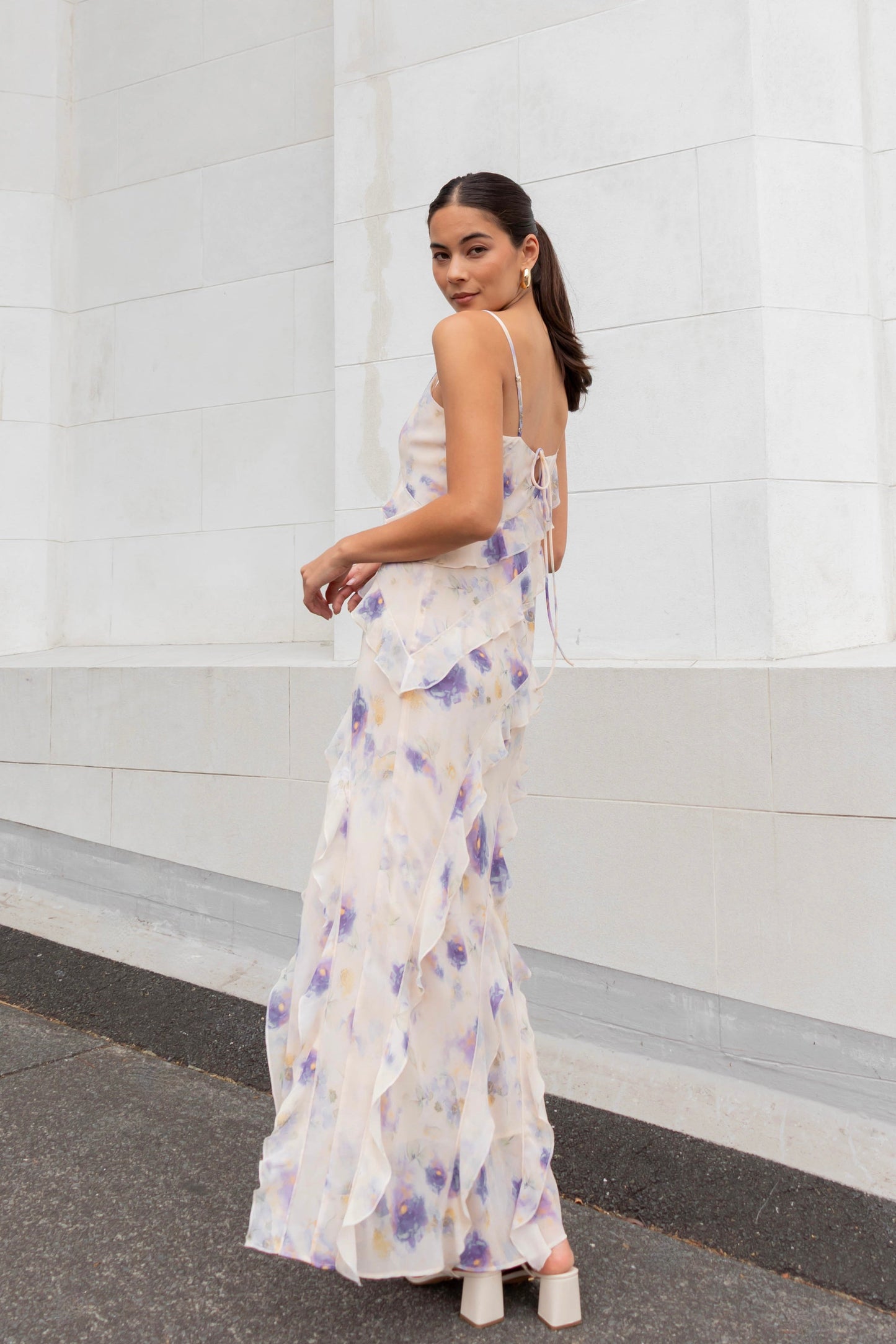 Galore Peach Blue Floral Bias Ruffle Slip Maxi Dress
