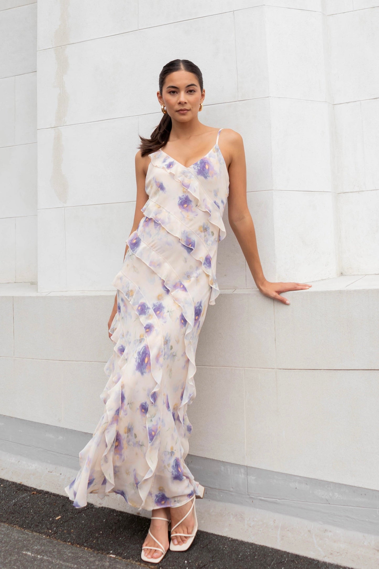 Galore Peach Blue Floral Bias Ruffle Slip Maxi Dress