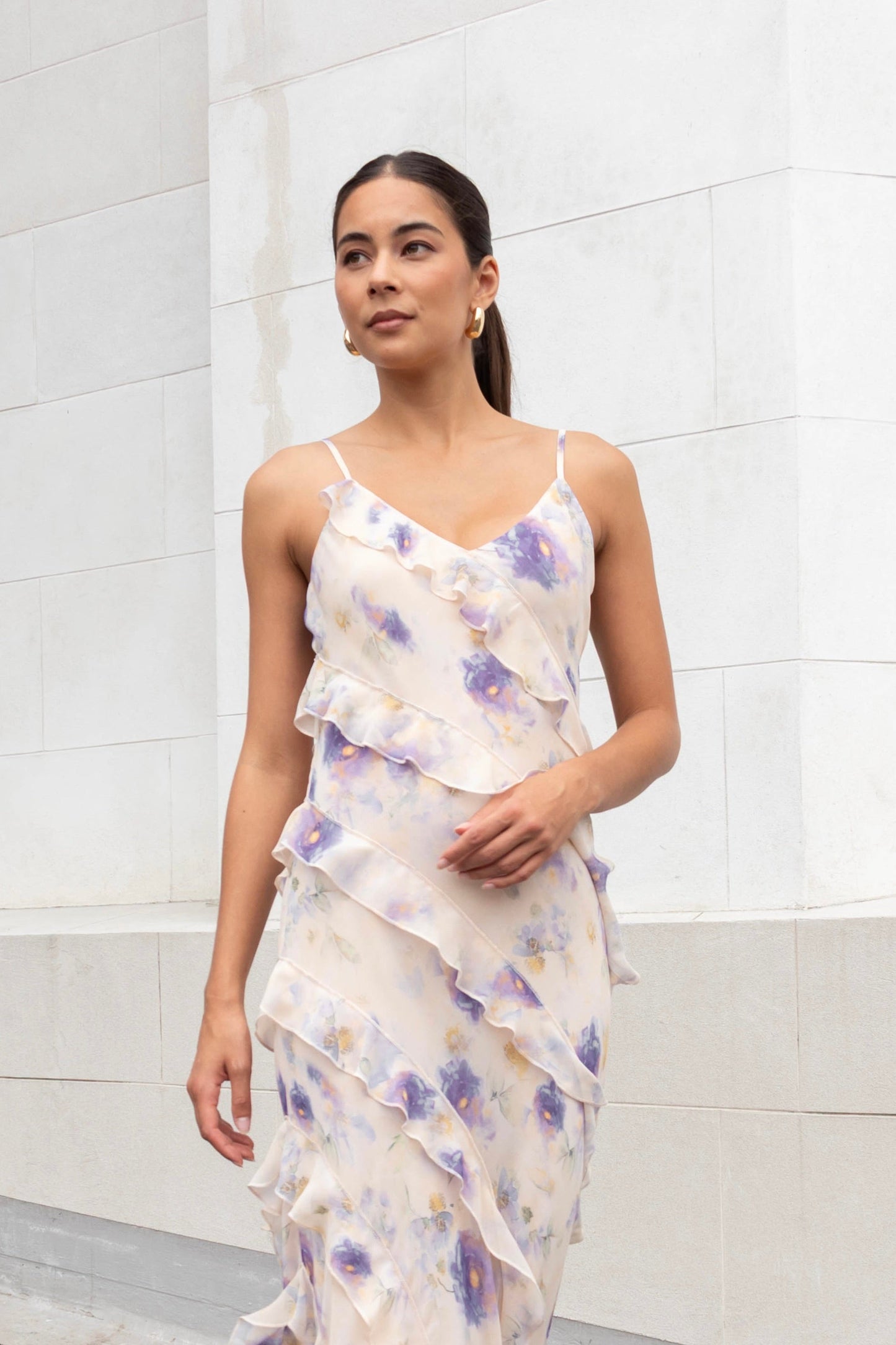 Galore Peach Blue Floral Bias Ruffle Slip Maxi Dress