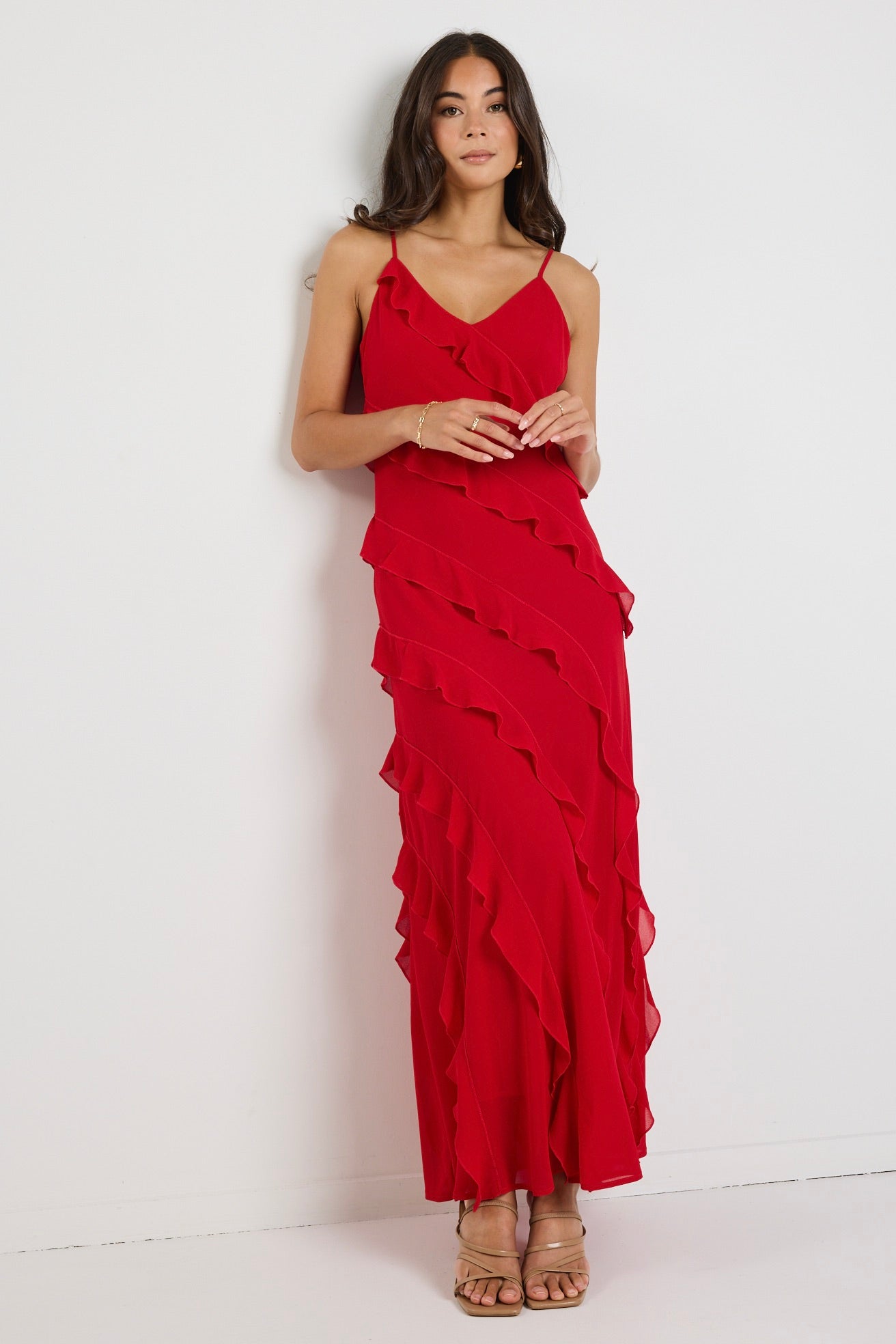 Galore Flame Bias Ruffle Slip Maxi Dress