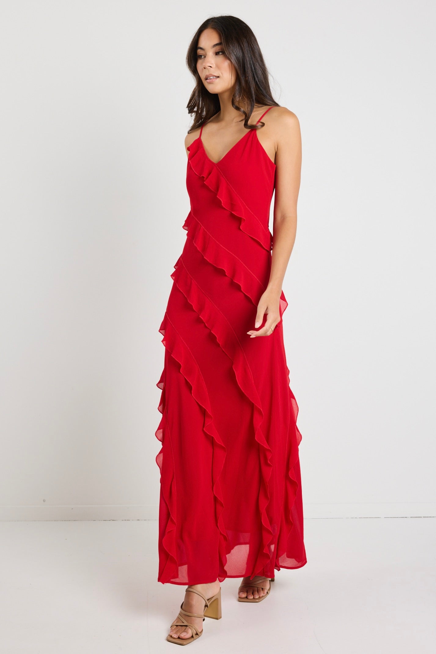 Galore Flame Bias Ruffle Slip Maxi Dress