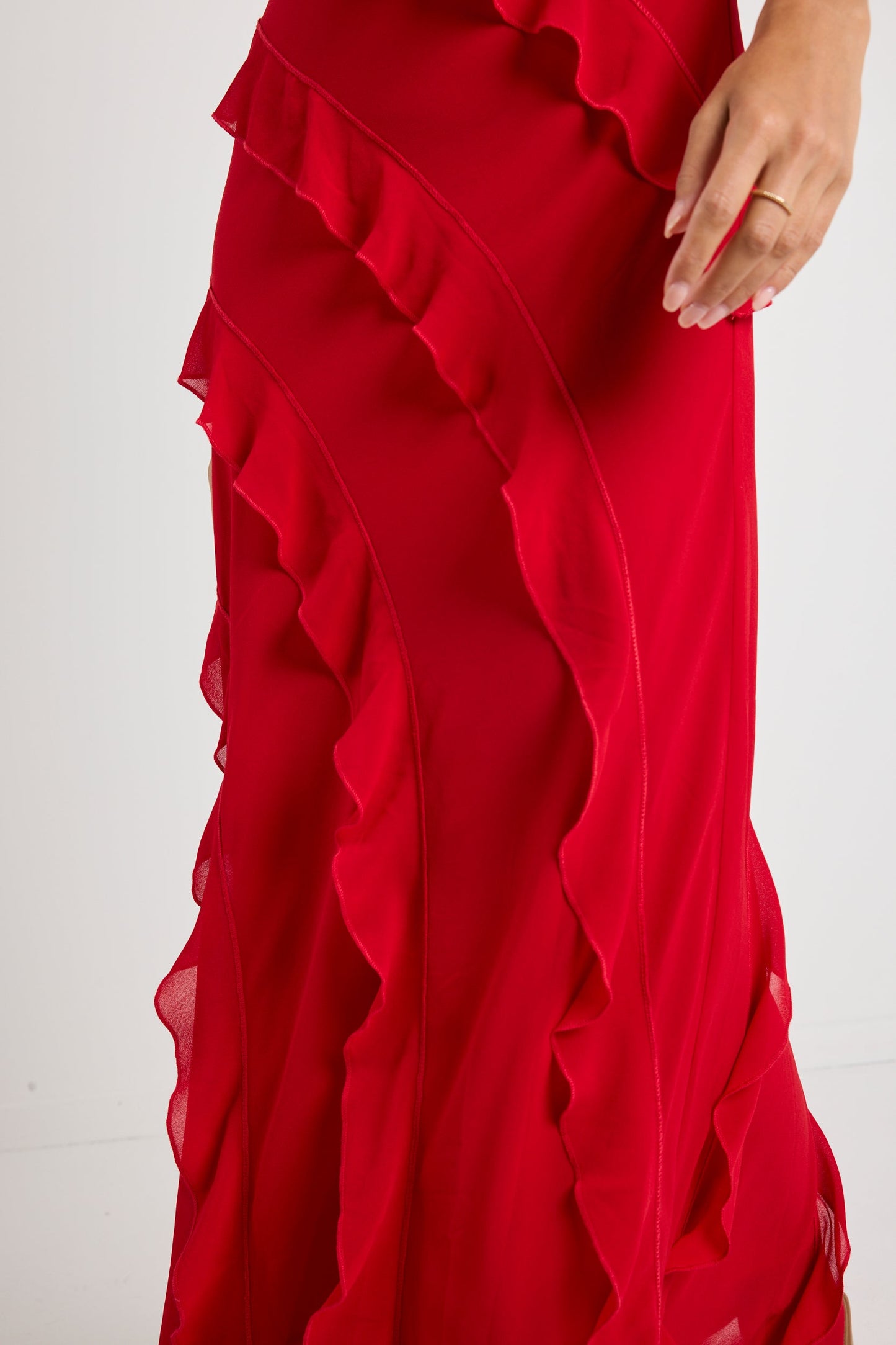 Galore Flame Bias Ruffle Slip Maxi Dress