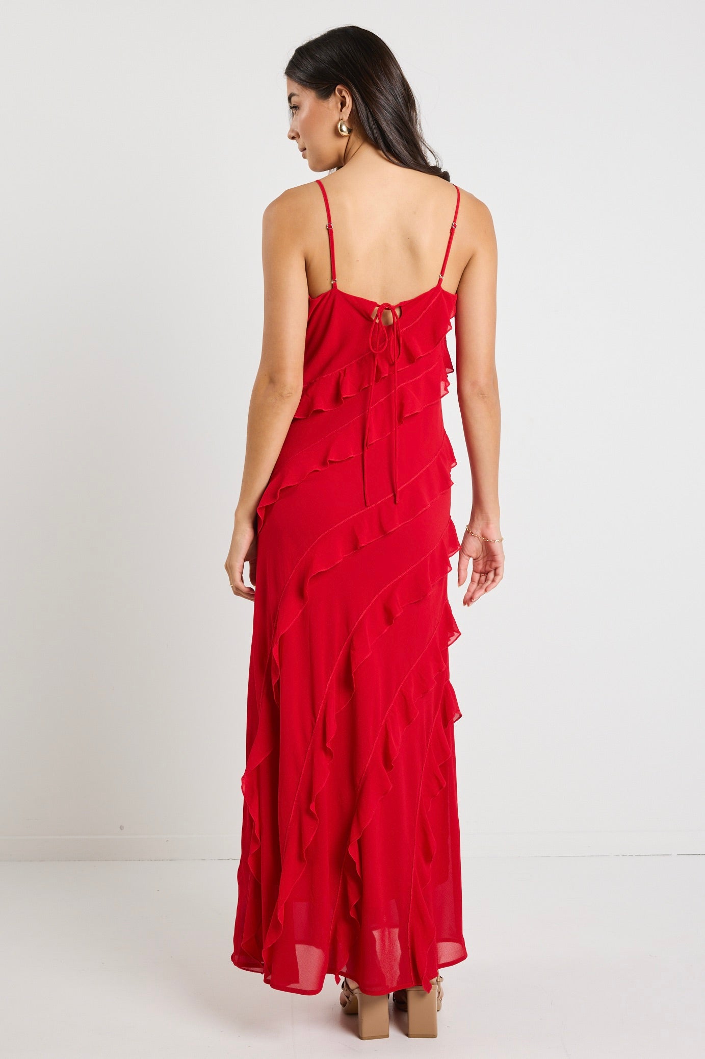 Galore Flame Bias Ruffle Slip Maxi Dress