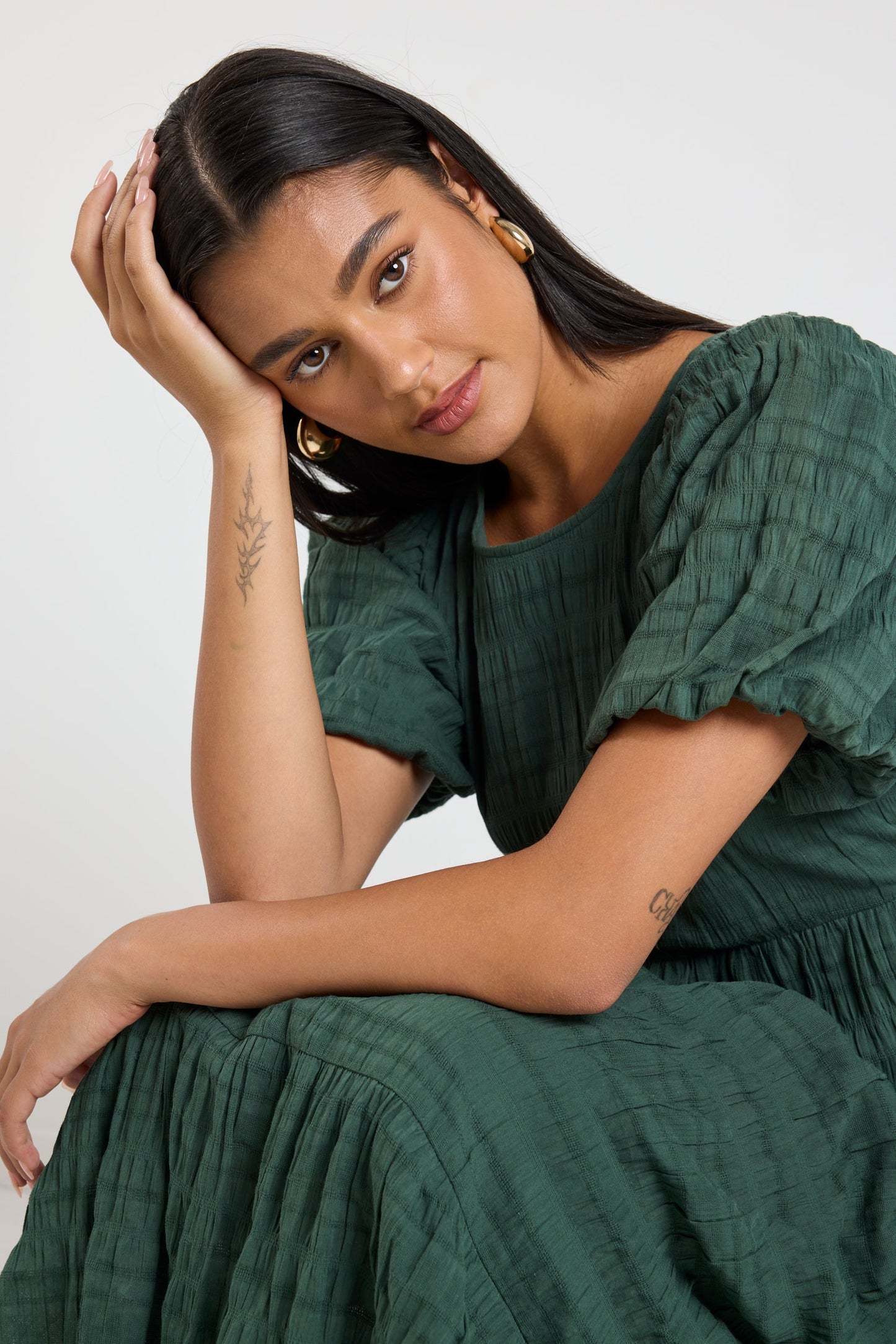 Graceful Forest Bubble Short Sleeve Tiered Maxi Dress