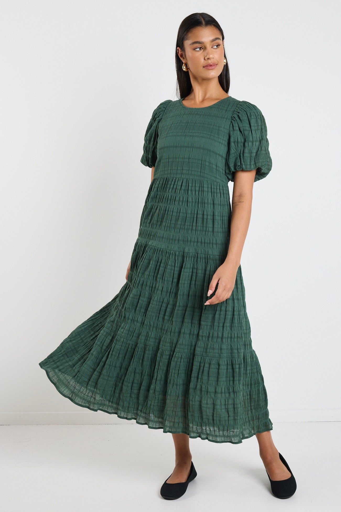 Graceful Forest Bubble Short Sleeve Tiered Maxi Dress